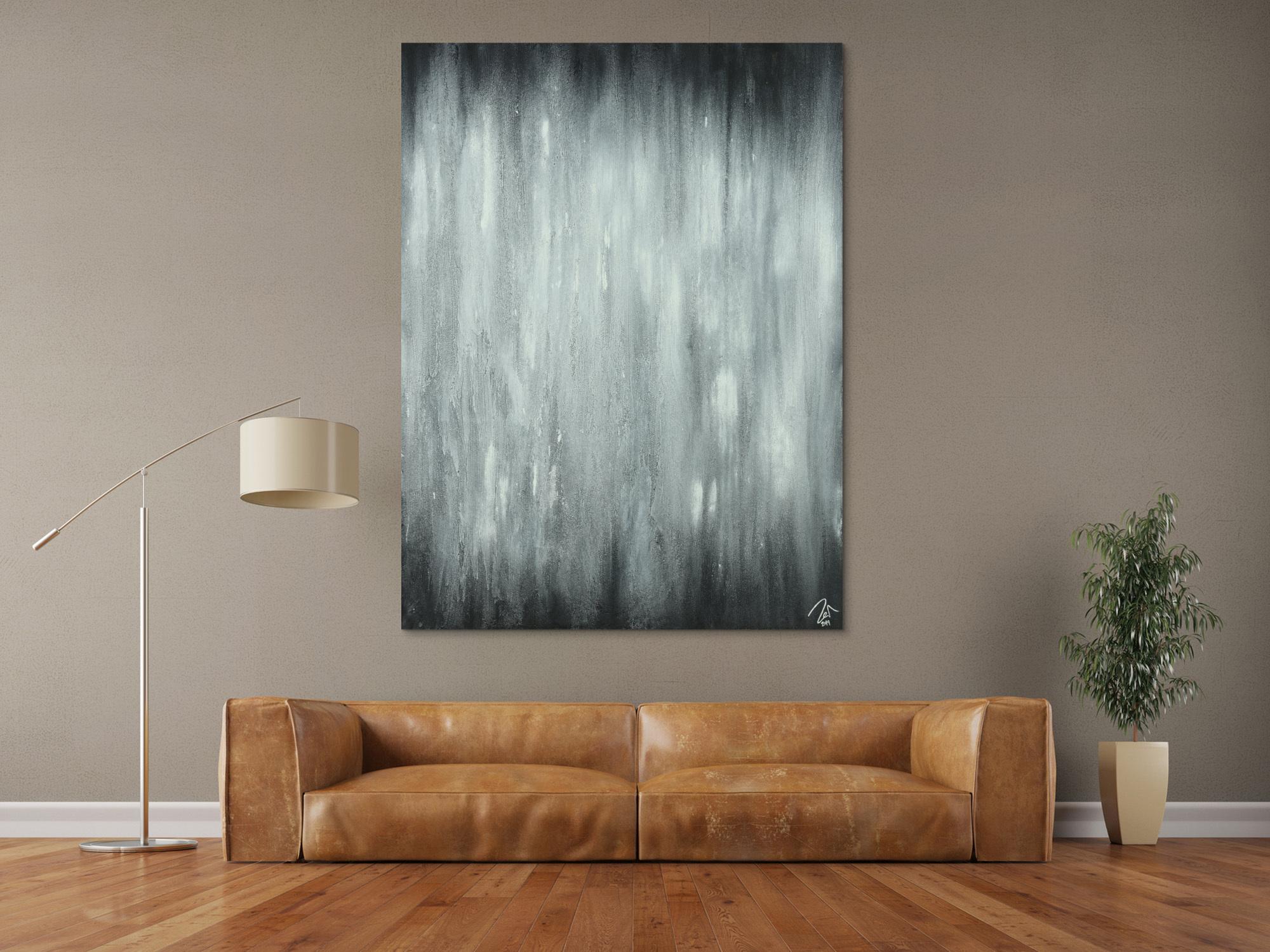 Abstraktes Acrylbild schwarz weiß feine Struktur mit Sand modern zeigenössisch