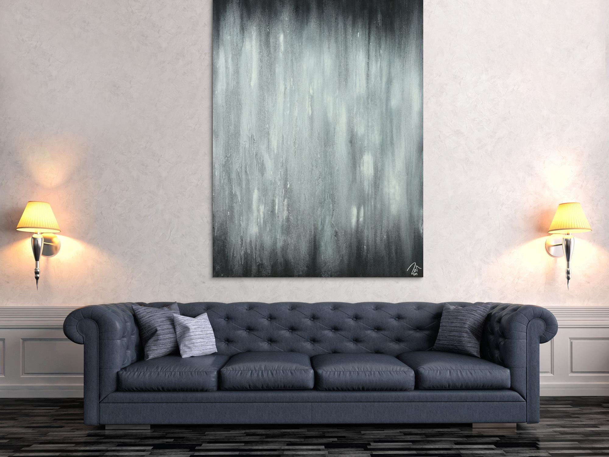 Abstraktes Acrylbild schwarz weiß feine Struktur mit Sand modern zeigenössisch