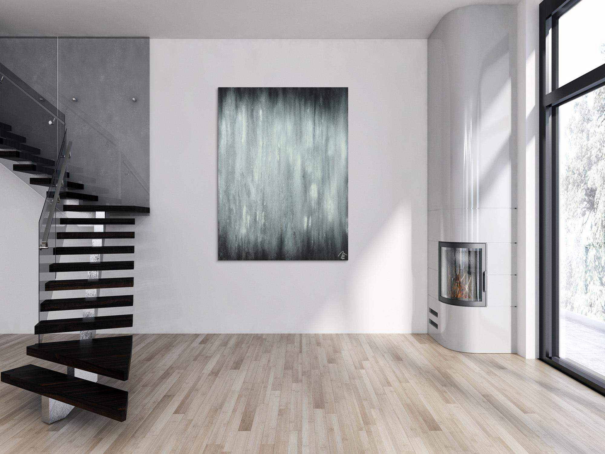 Abstraktes Acrylbild schwarz weiß feine Struktur mit Sand modern zeigenössisch