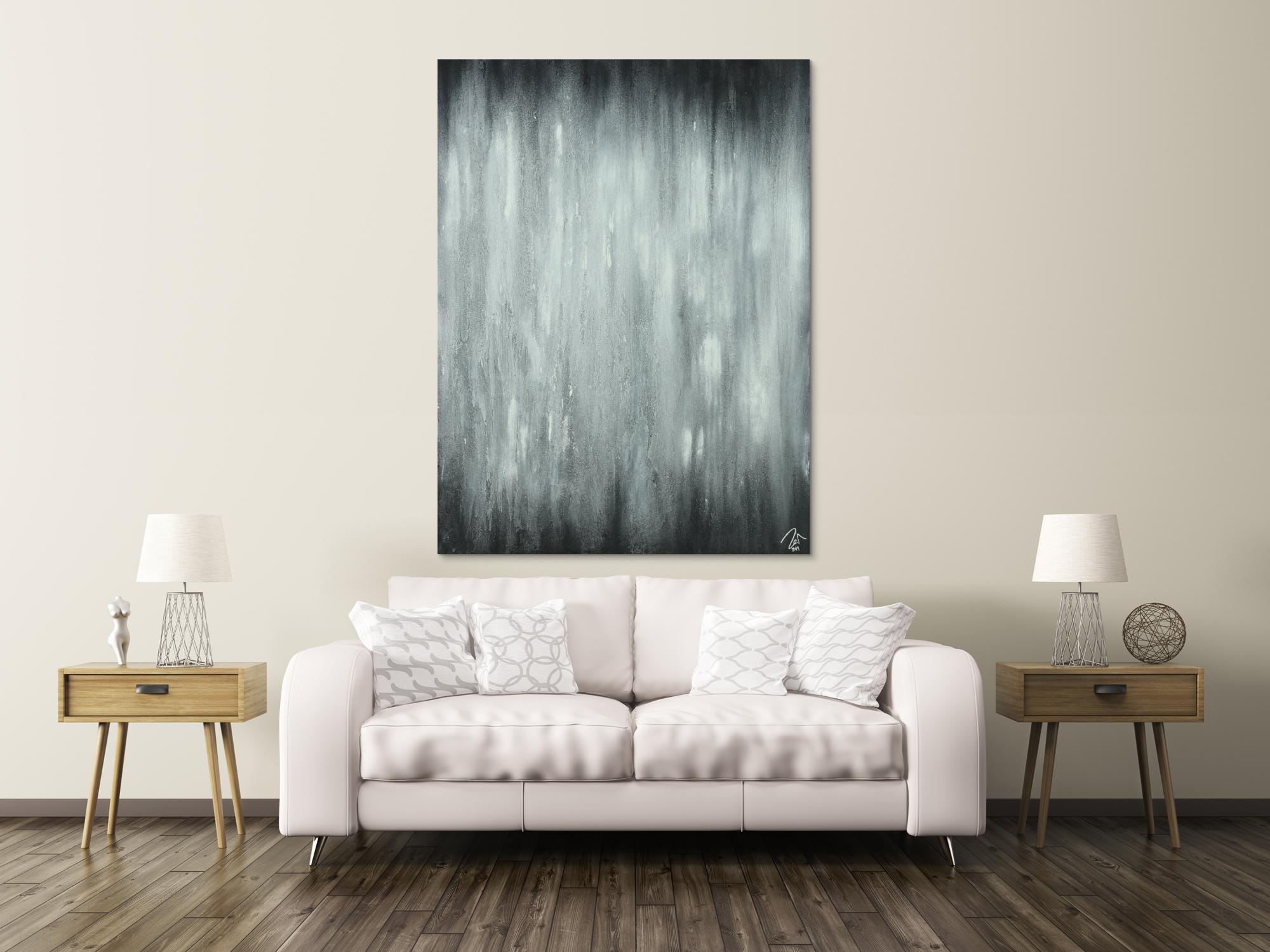 Abstraktes Acrylbild schwarz weiß feine Struktur mit Sand modern zeigenössisch