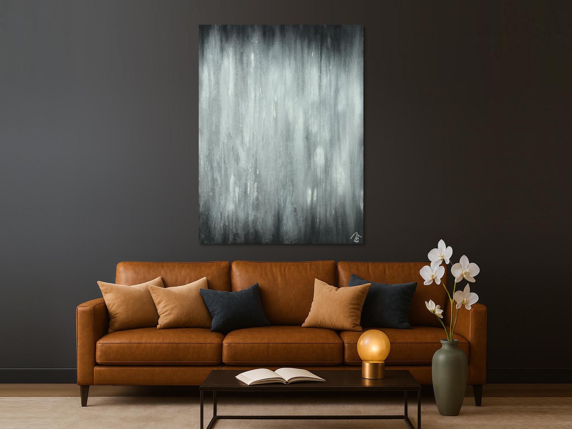 Abstraktes Acrylbild schwarz weiß feine Struktur mit Sand modern zeigenössisch