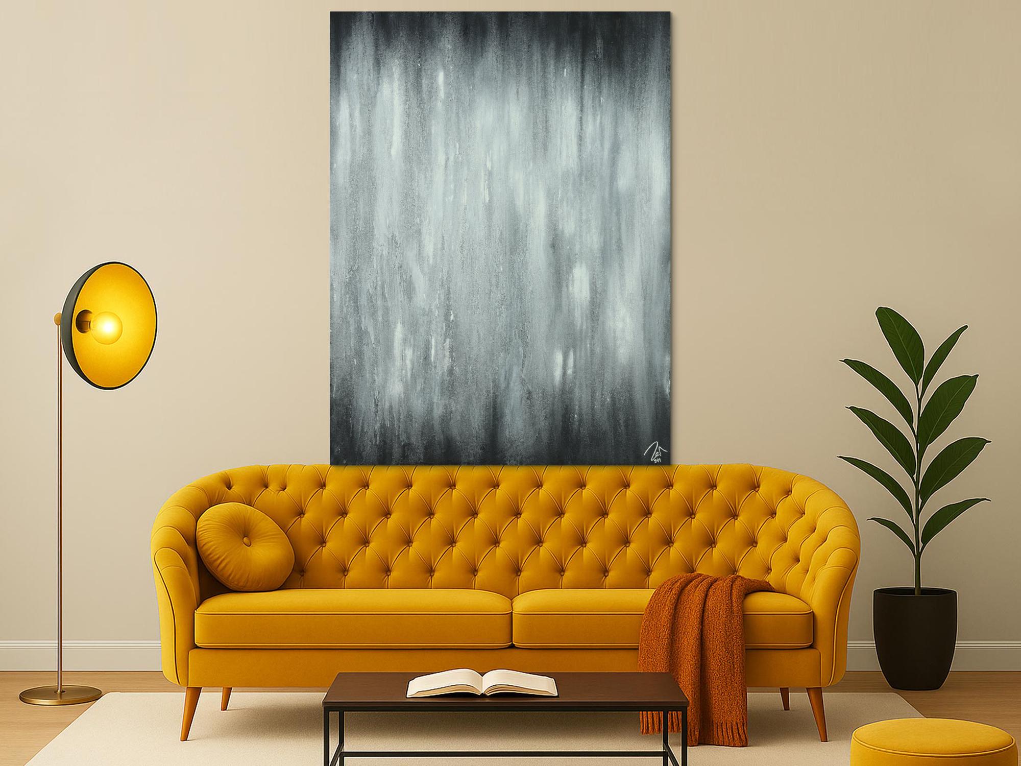 Abstraktes Acrylbild schwarz weiß feine Struktur mit Sand modern zeigenössisch