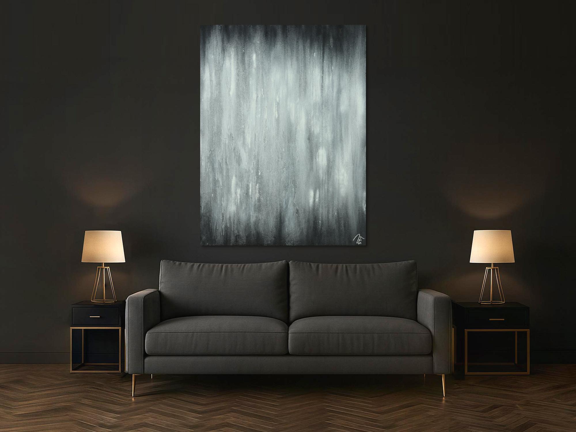 Abstraktes Acrylbild schwarz weiß feine Struktur mit Sand modern zeigenössisch