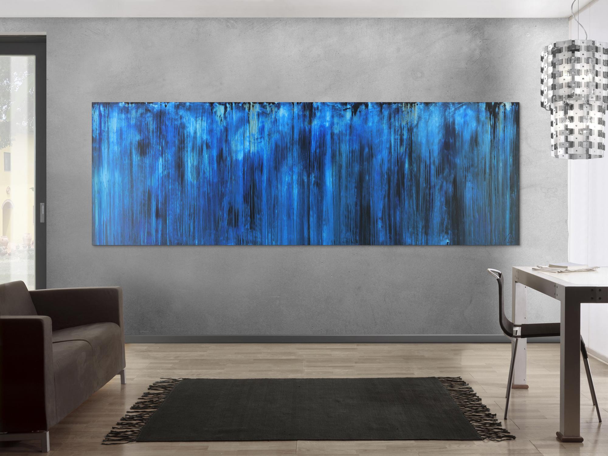 Abstraktes Acrylbild Modern Art zeitgenössisch blau auf Leinwand handgemalt