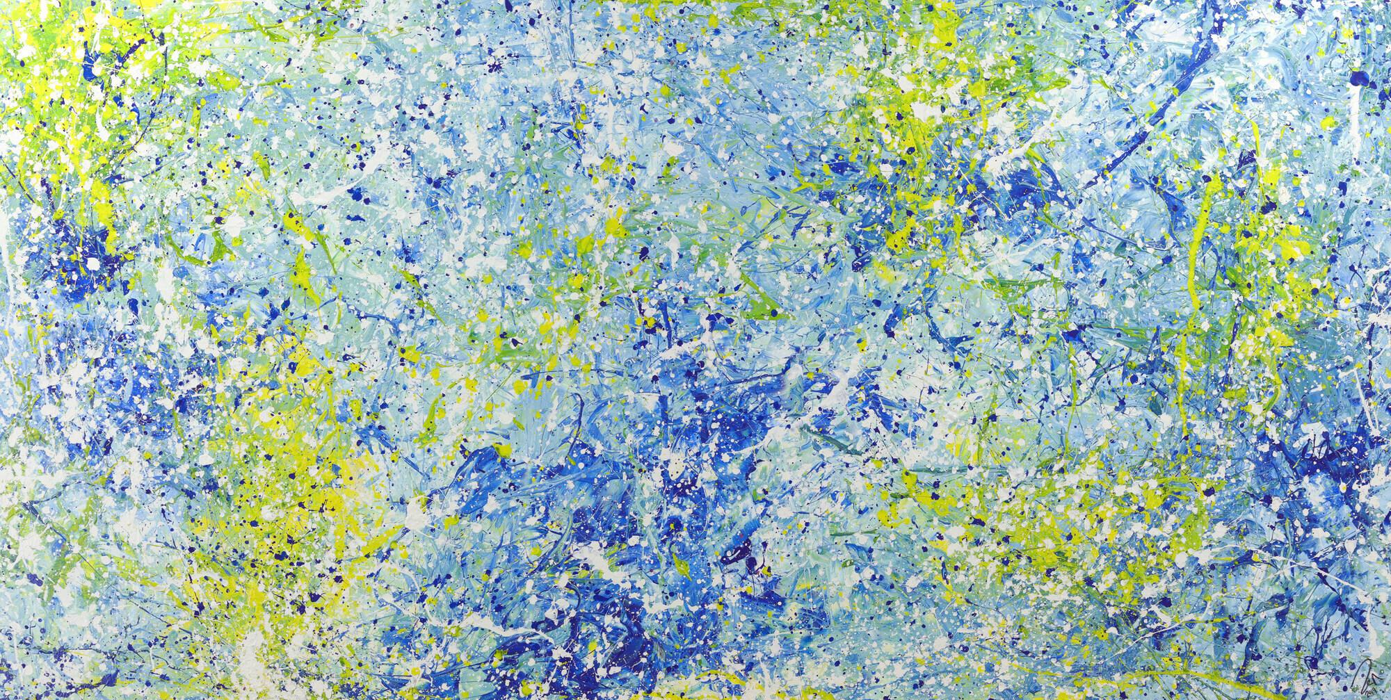 Abstraktes Acrylbild Action Painting blau gelb weiß modern zeitgenössisch Modern Art auf Leinwand
