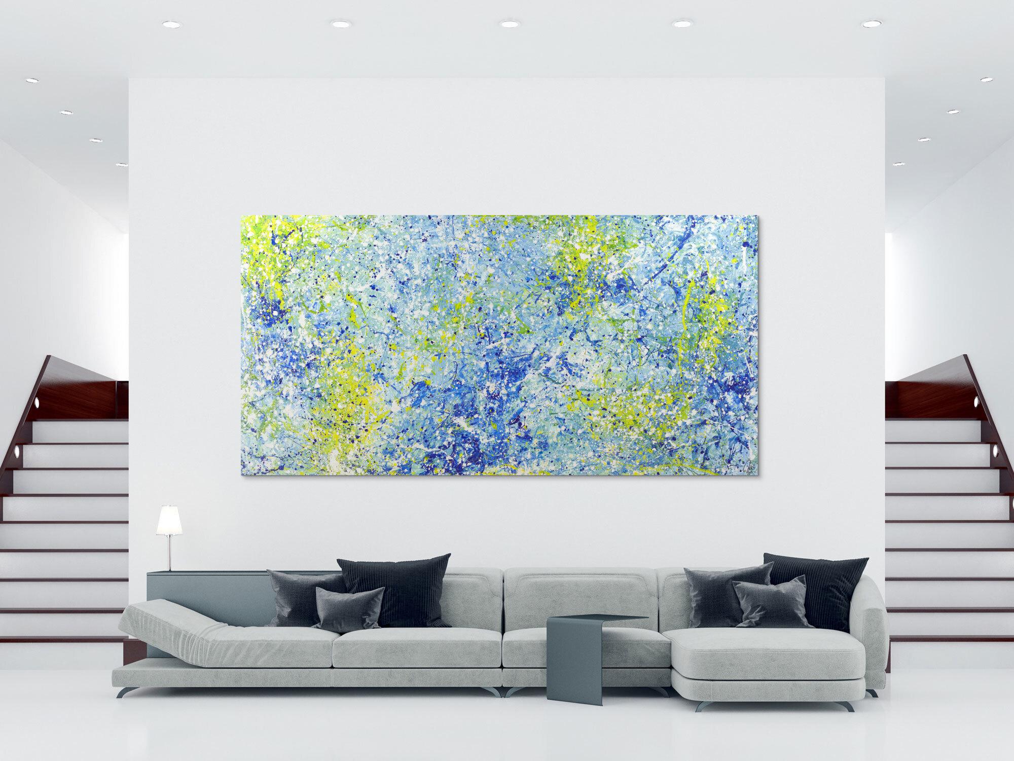 Abstraktes Acrylbild Action Painting blau gelb weiß modern zeitgenössisch Modern Art auf Leinwand