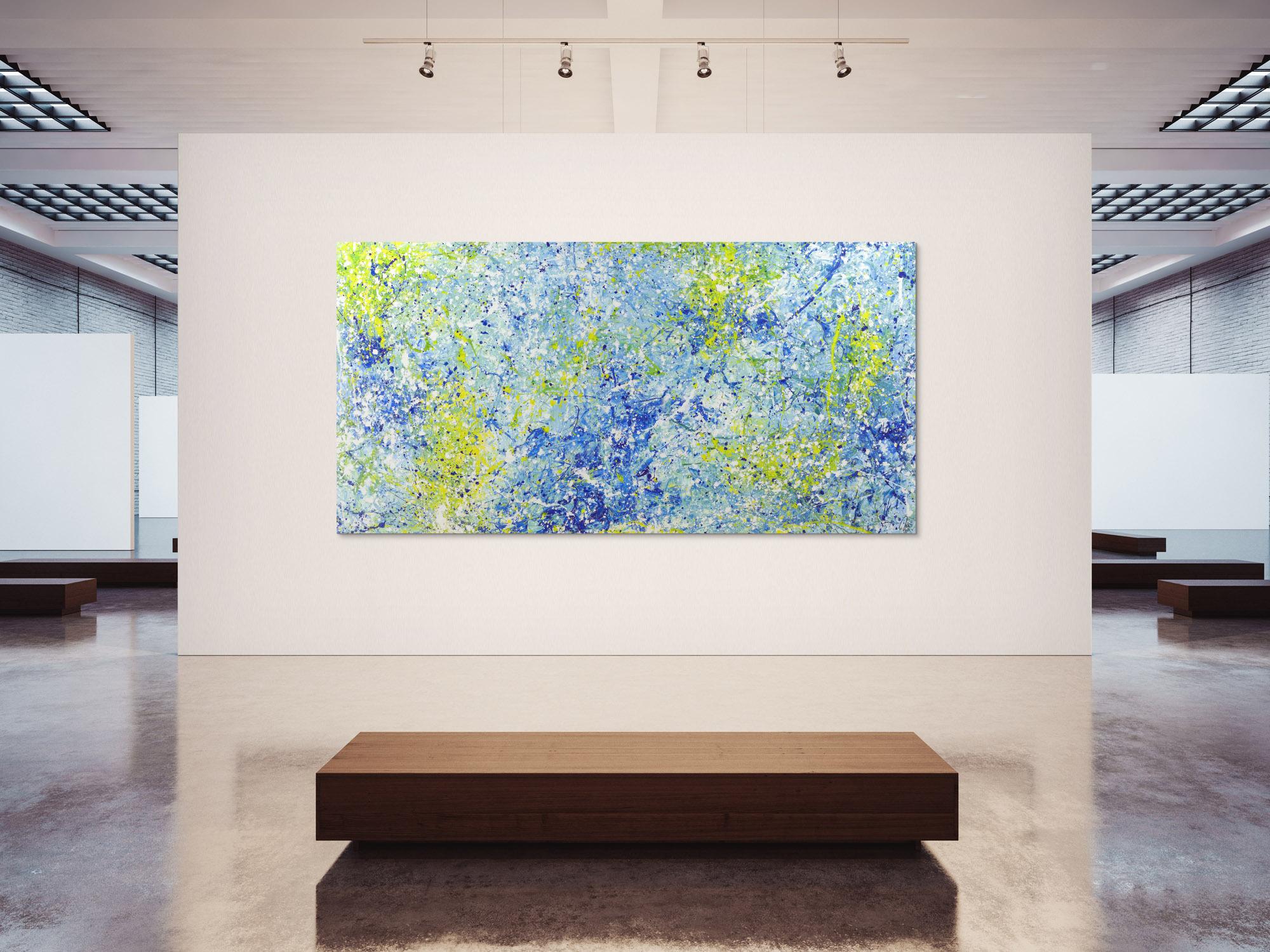 Abstraktes Acrylbild Action Painting blau gelb weiß modern zeitgenössisch Modern Art auf Leinwand