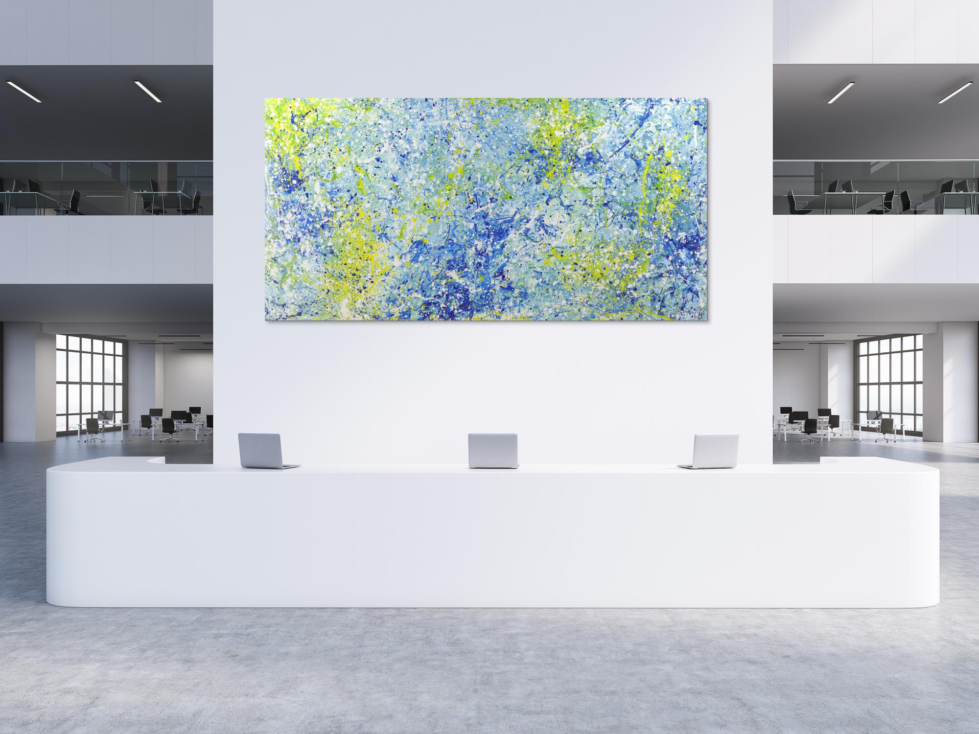 Abstraktes Acrylbild Action Painting blau gelb weiß modern zeitgenössisch Modern Art auf Leinwand