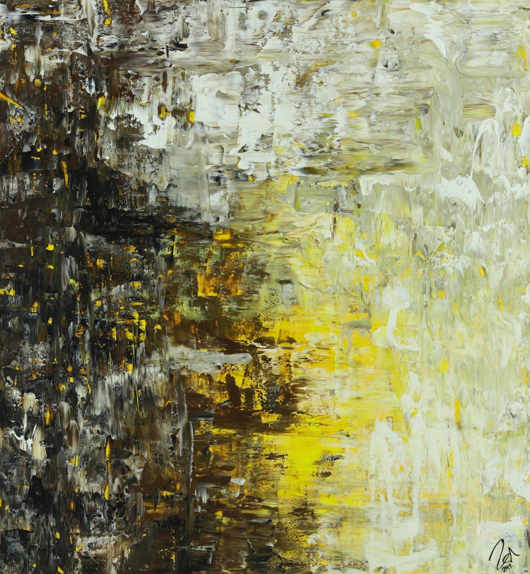 Abstraktes Acrylbild Spachteltechnik mediterrane Farben braun gelb weiß schwarz sehr modern