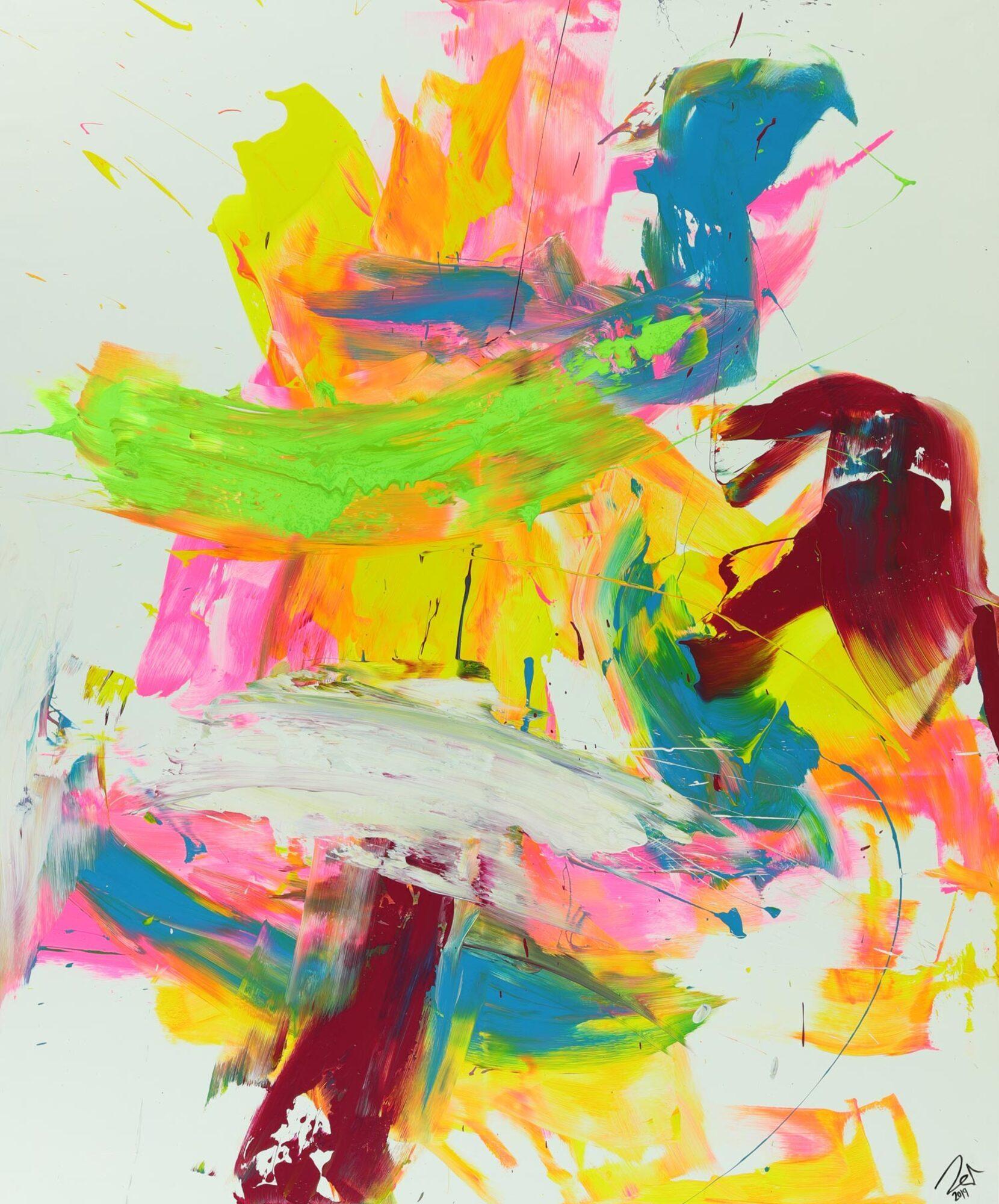 Abtrakts Acrylbild bunte helle Farben sehr mondern zeitgenössisch expressionistisch groß hochformat