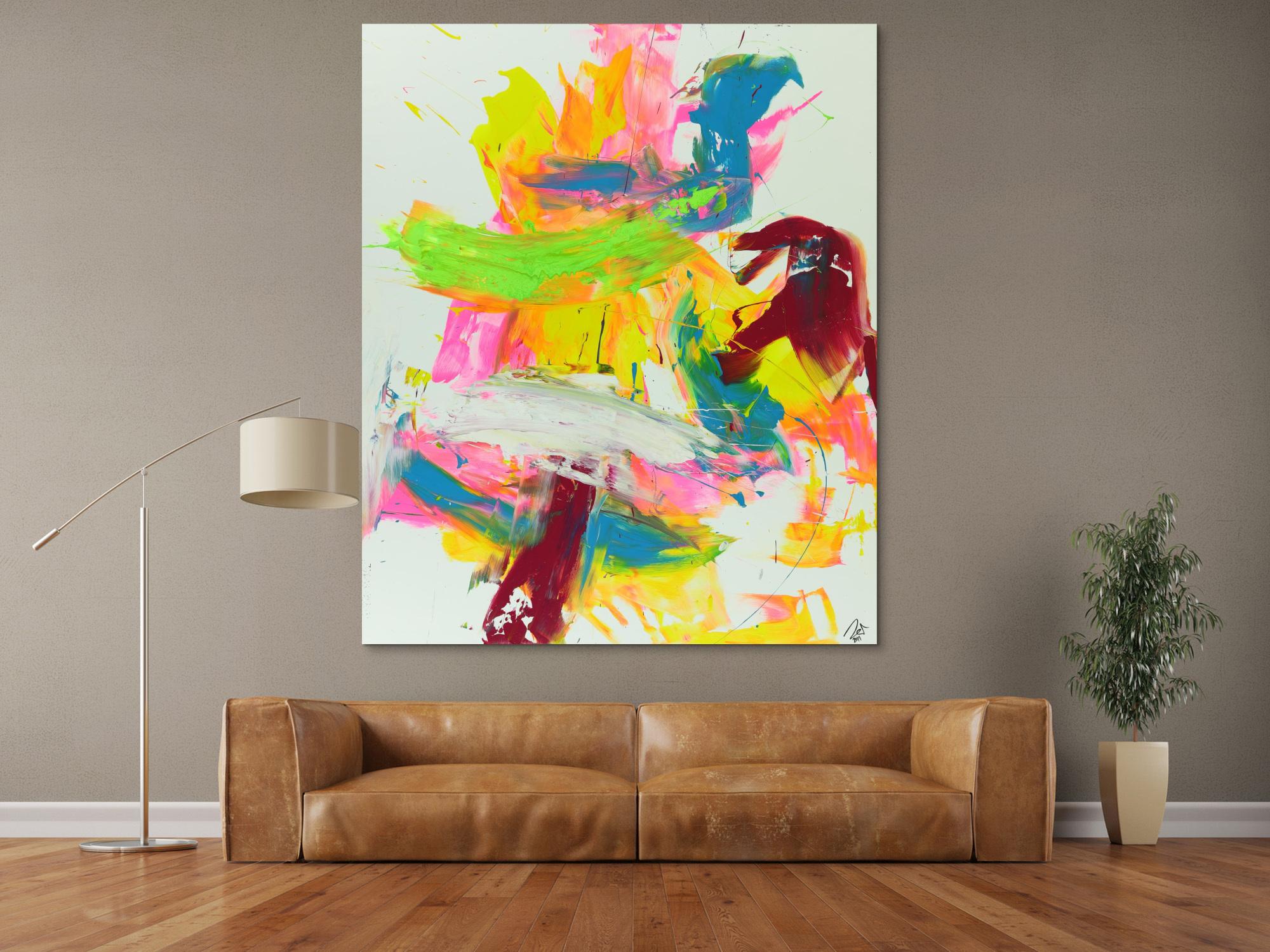 Abtrakts Acrylbild bunte helle Farben sehr mondern zeitgenössisch expressionistisch groß hochformat