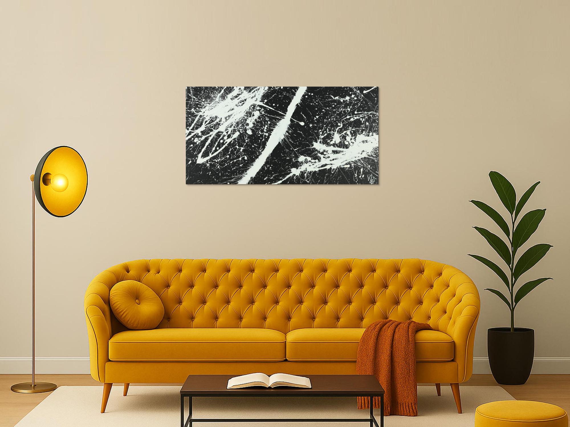 Abstraktes Acrylbild schwarz weiß Action Painting sehr Modern zeigenössisch schlicht