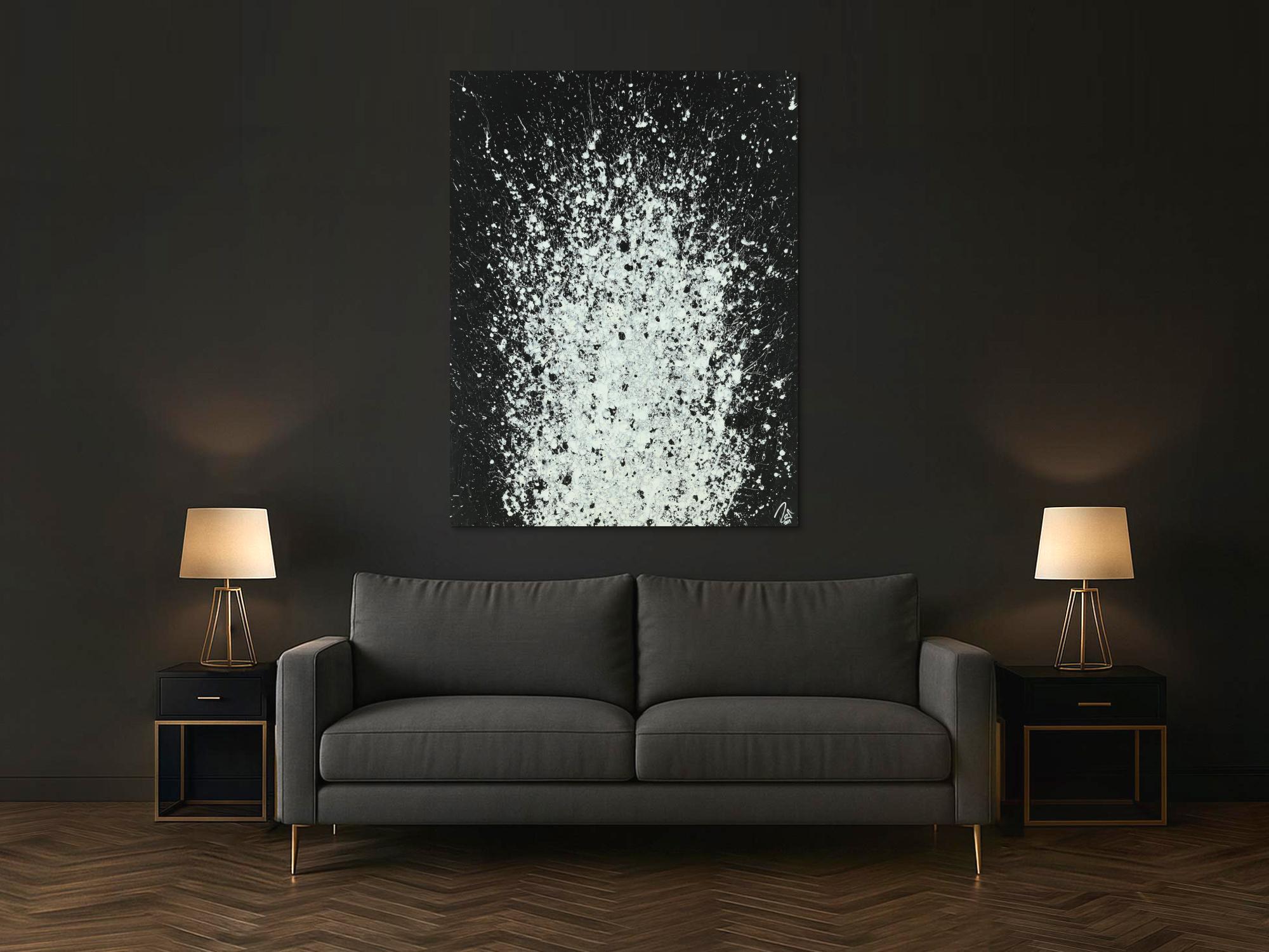 Abstraktes Acrylbild schwarz weiß Action Paintnig sehr modern zeitgenössisch handgemalt auf Leinwand