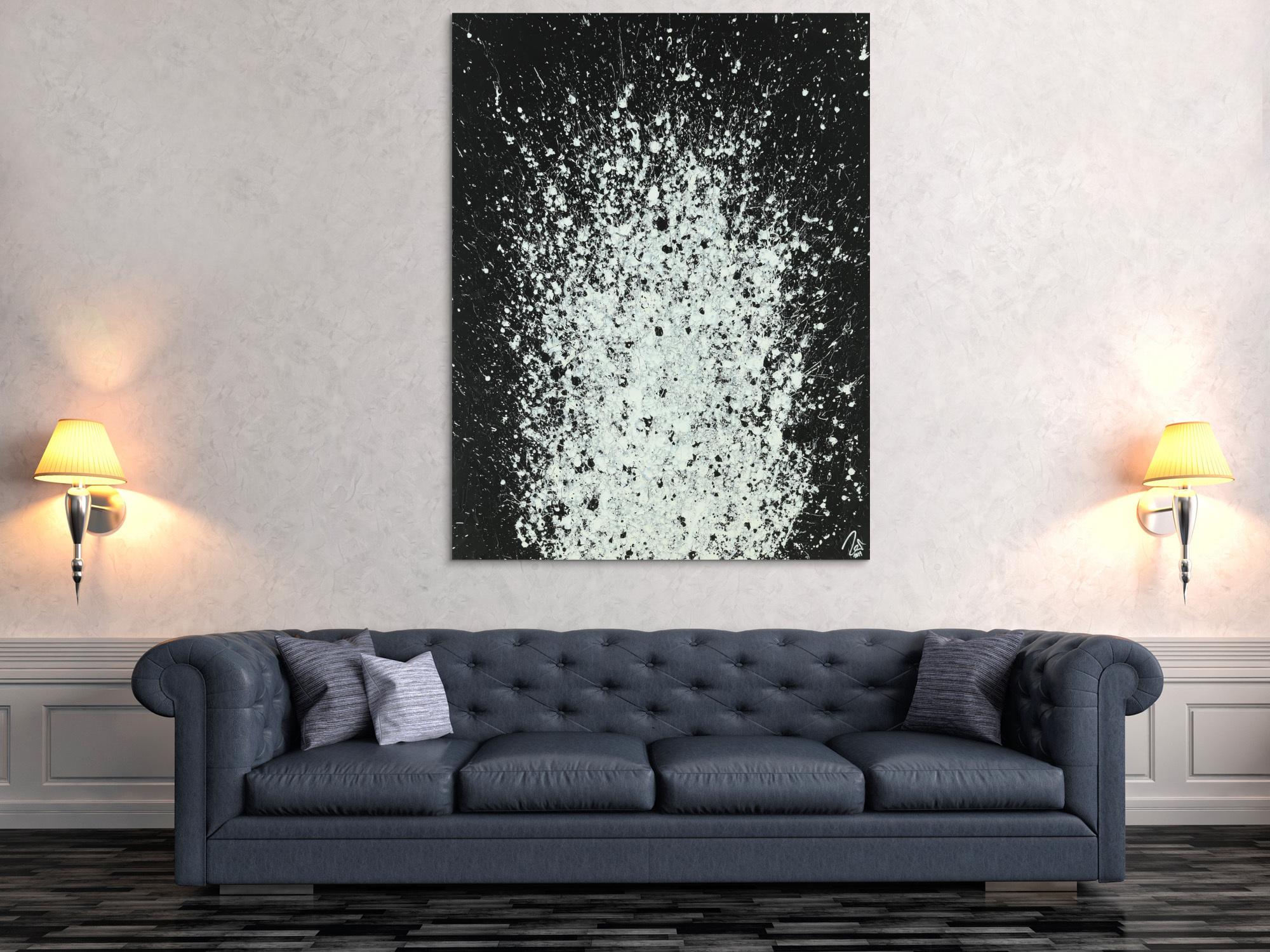 Abstraktes Acrylbild schwarz weiß Action Paintnig sehr modern zeitgenössisch handgemalt auf Leinwand