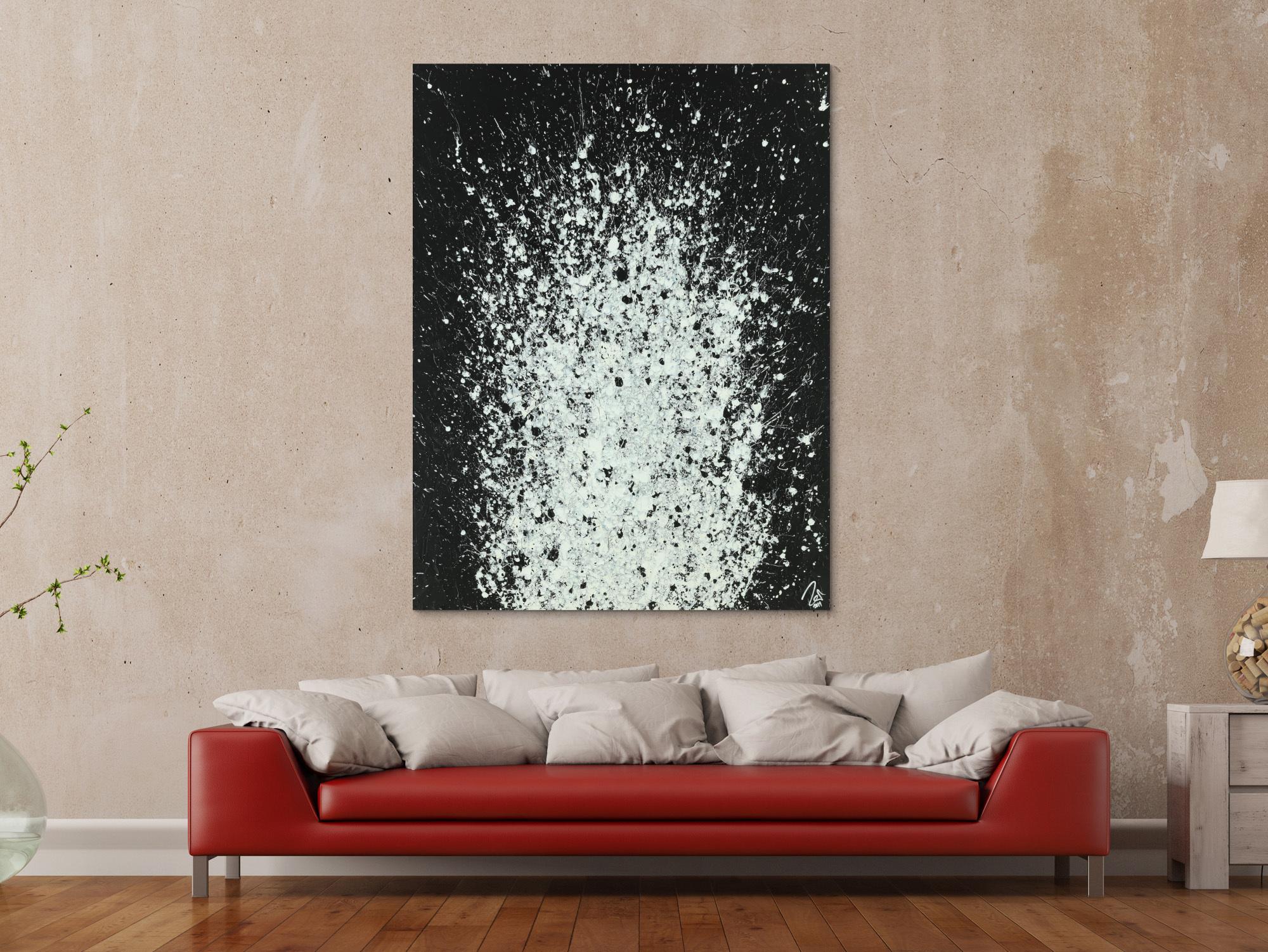 Abstraktes Acrylbild schwarz weiß Action Paintnig sehr modern zeitgenössisch handgemalt auf Leinwand