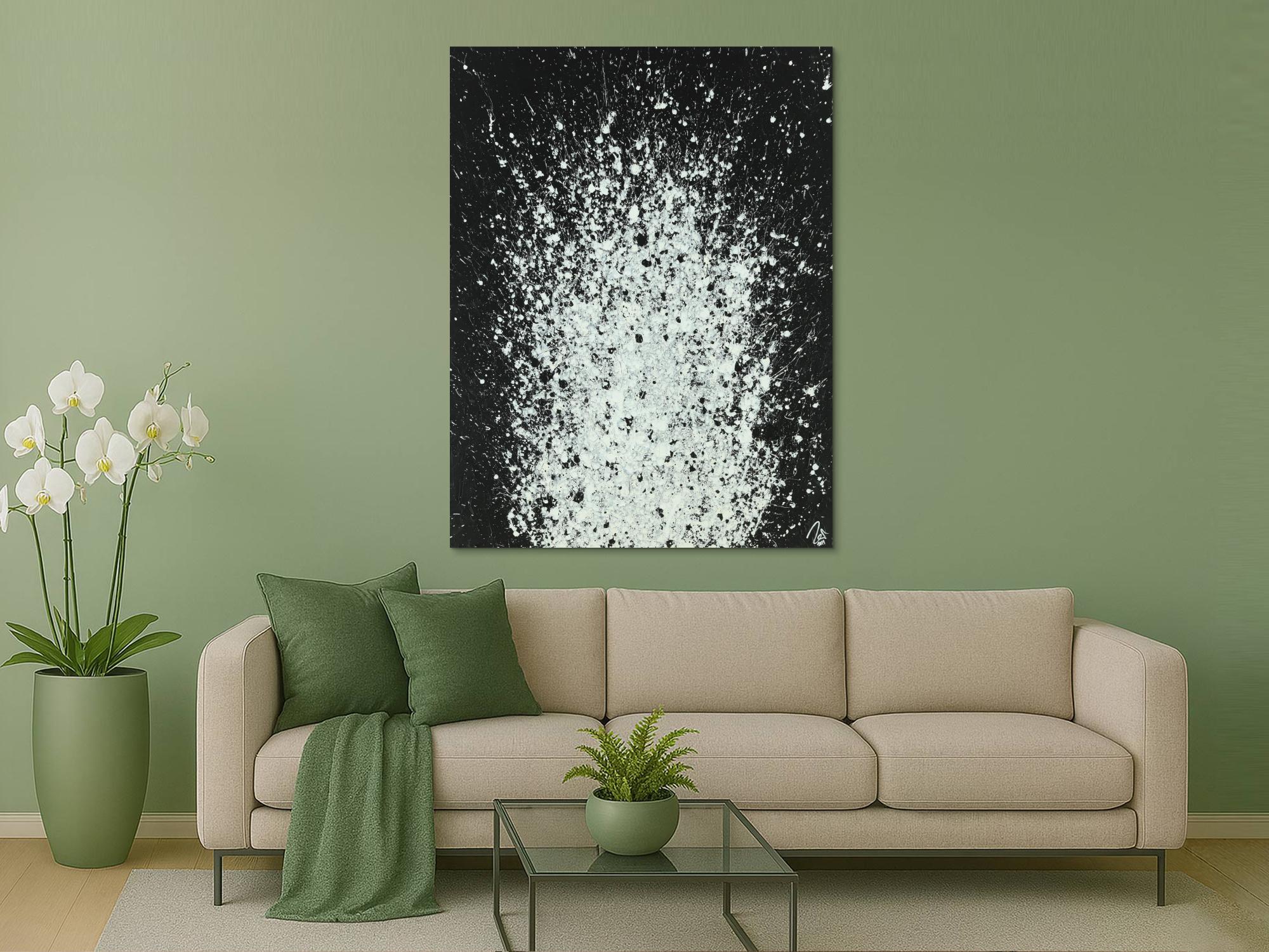 Abstraktes Acrylbild schwarz weiß Action Paintnig sehr modern zeitgenössisch handgemalt auf Leinwand