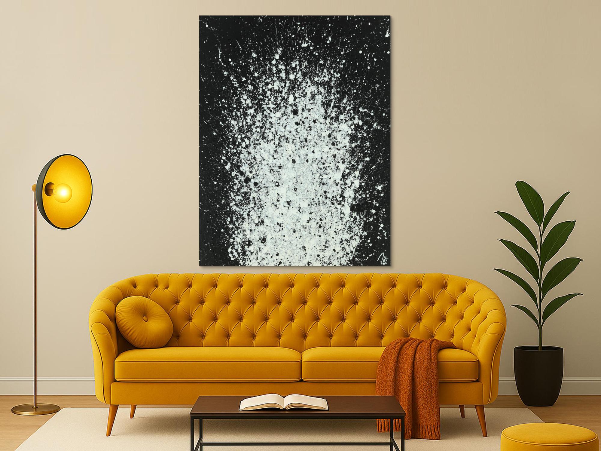 Abstraktes Acrylbild schwarz weiß Action Paintnig sehr modern zeitgenössisch handgemalt auf Leinwand