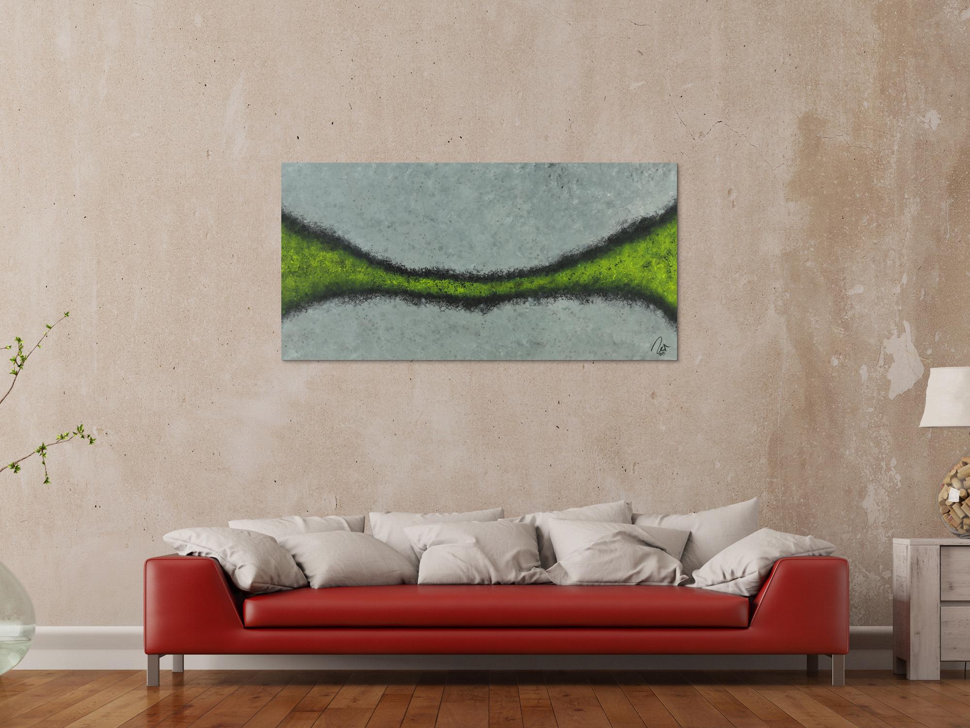 Abstraktes Acrylbild sehr modern zeitgenössisch grau gelb schwarz handgemalt mit feiner Struktur