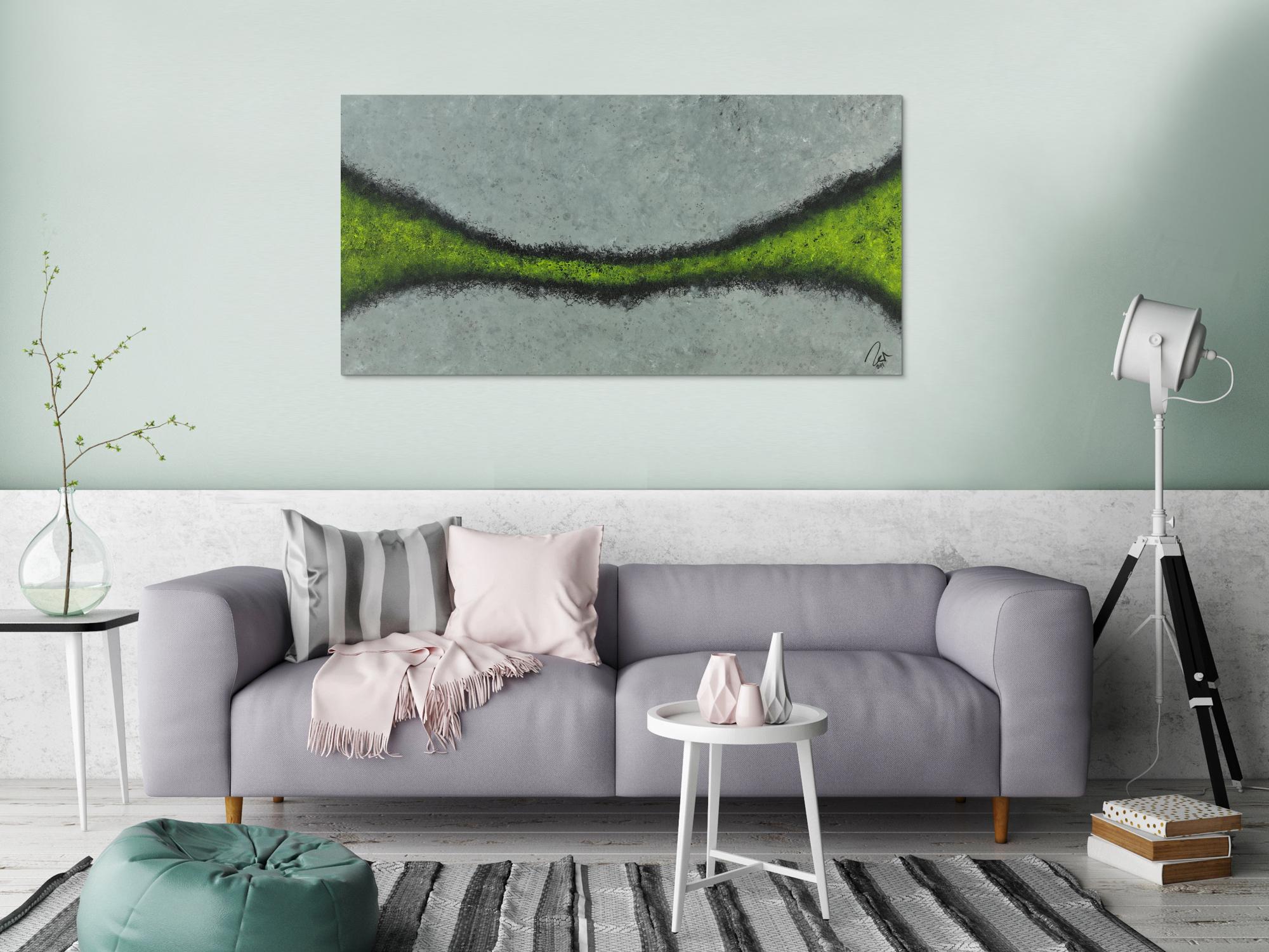 Abstraktes Acrylbild sehr modern zeitgenössisch grau gelb schwarz handgemalt mit feiner Struktur