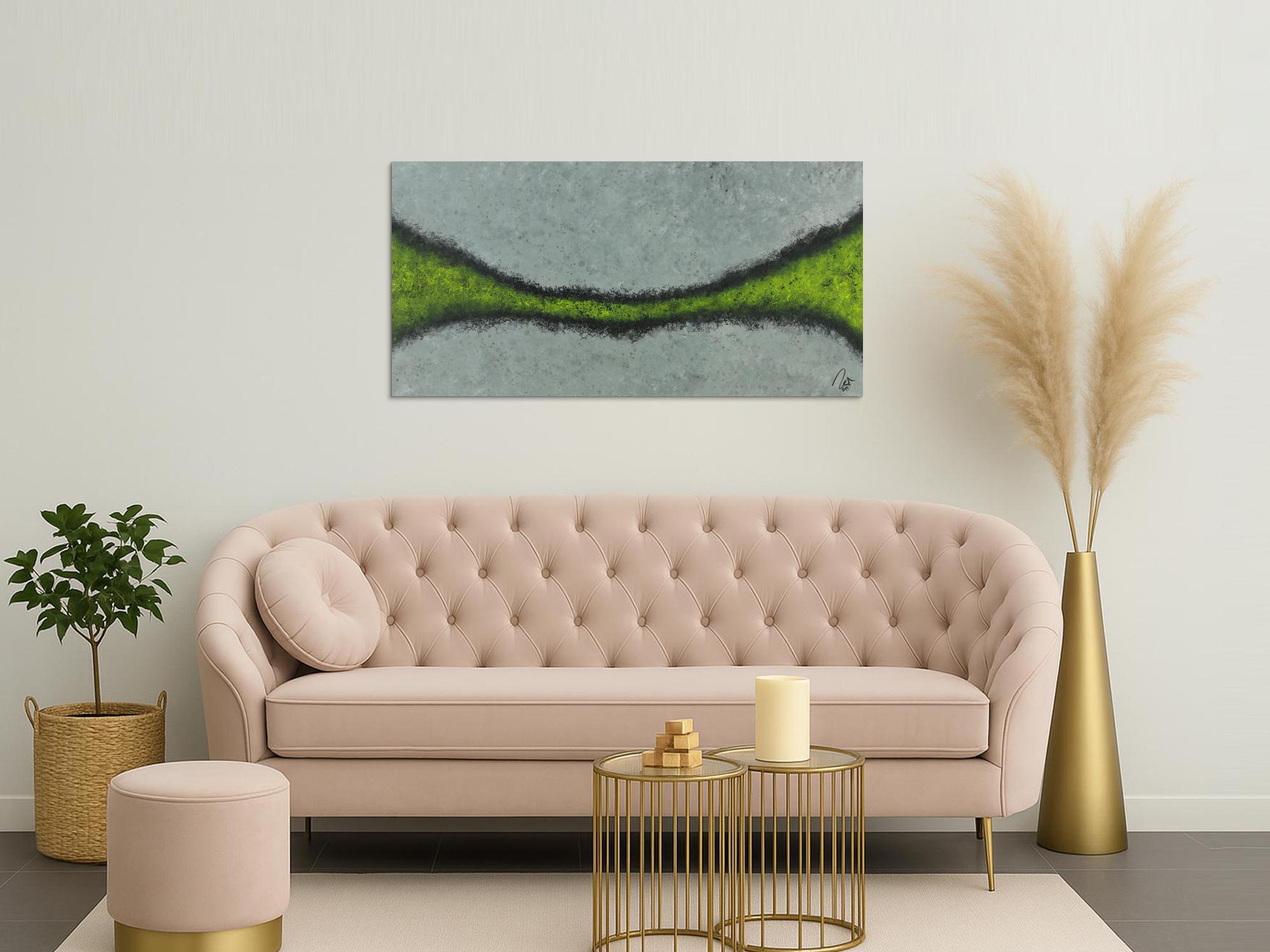 Abstraktes Acrylbild sehr modern zeitgenössisch grau gelb schwarz handgemalt mit feiner Struktur