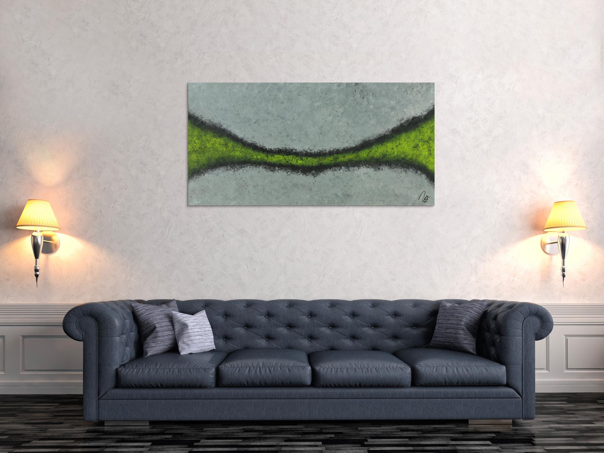 Abstraktes Acrylbild sehr modern zeitgenössisch grau gelb schwarz handgemalt mit feiner Struktur