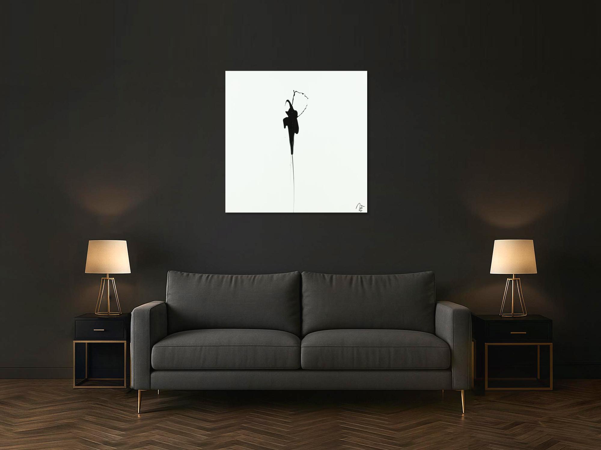 Abstraktes Acrylbild zeigenössisch Action Painting minimalistisch schwarz weiß auf Leinwand
