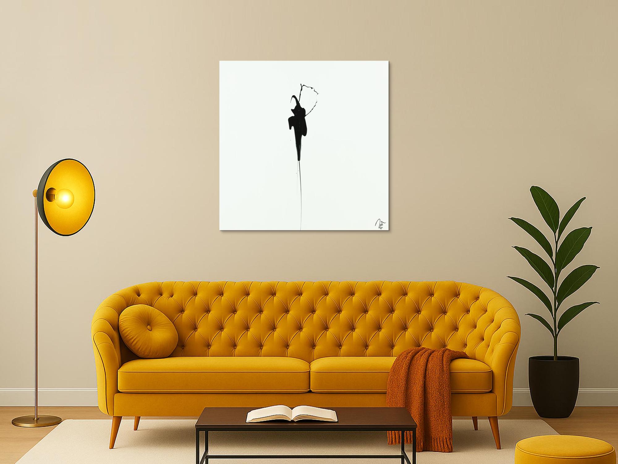 Abstraktes Acrylbild zeigenössisch Action Painting minimalistisch schwarz weiß auf Leinwand