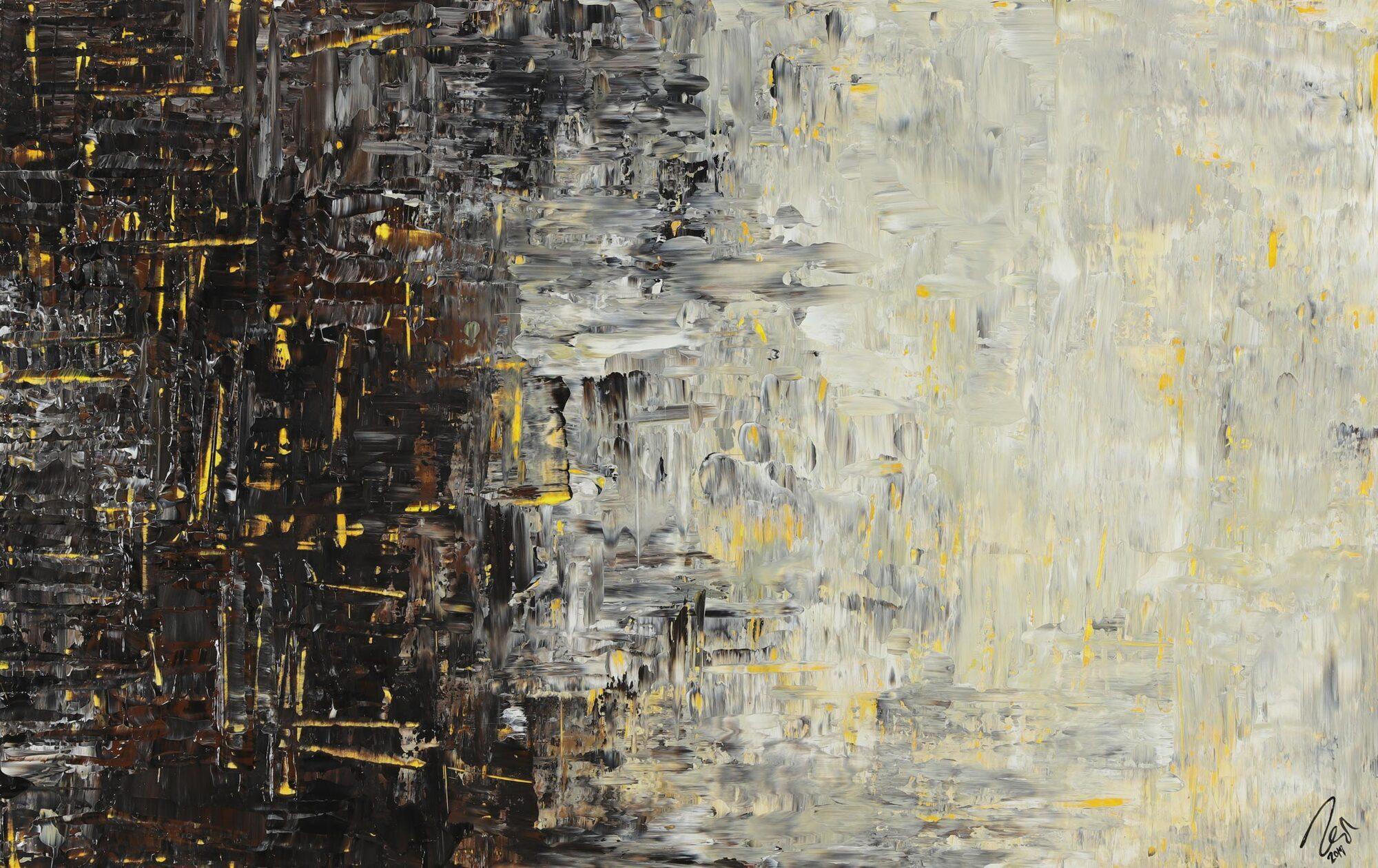 Abstraktes Acrylbild sehr modern zeitgenössisch Modern Art schwarz braun beige weiß gelb