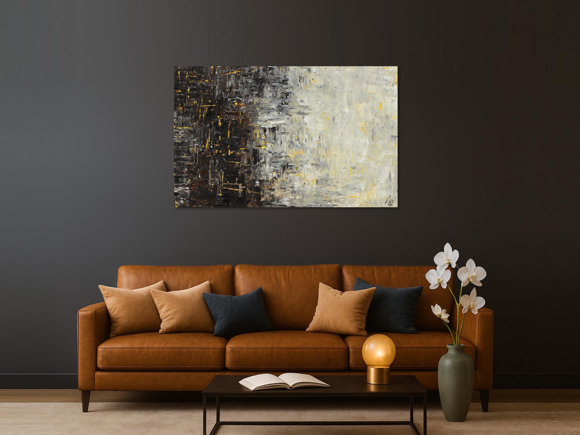 Abstraktes Acrylbild sehr modern zeitgenössisch Modern Art schwarz braun beige weiß gelb