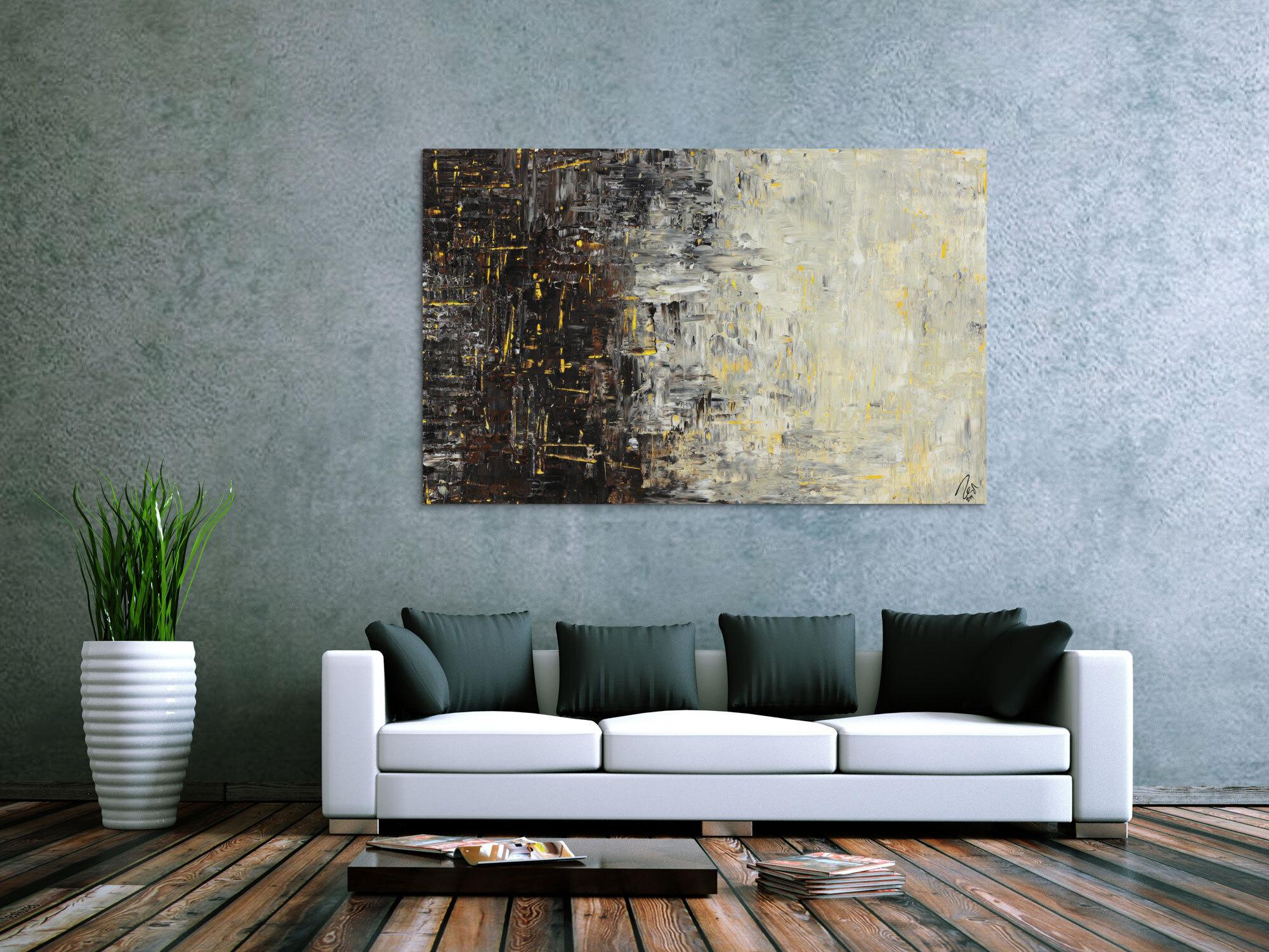Abstraktes Acrylbild sehr modern zeitgenössisch Modern Art schwarz braun beige weiß gelb