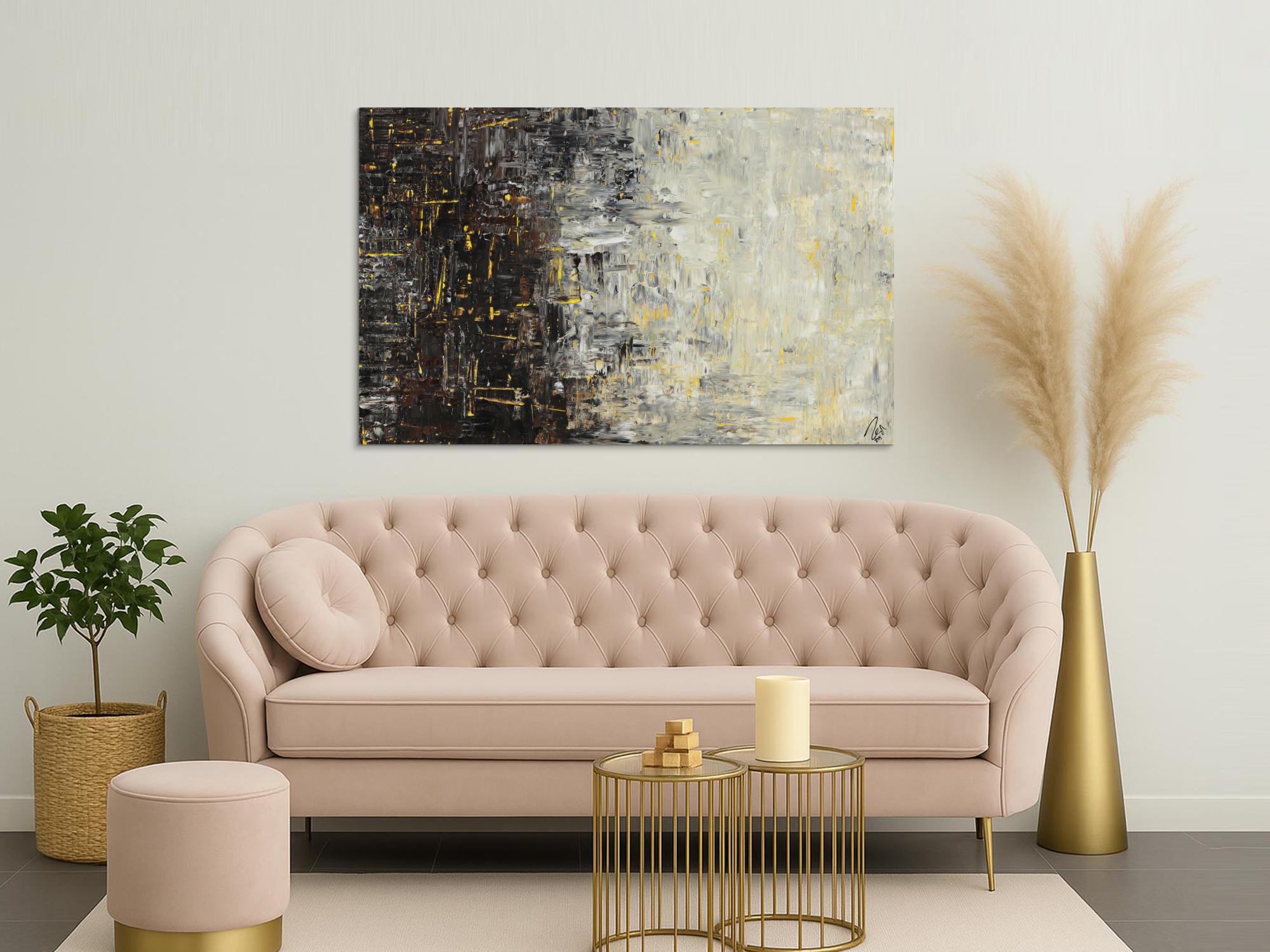 Abstraktes Acrylbild sehr modern zeitgenössisch Modern Art schwarz braun beige weiß gelb