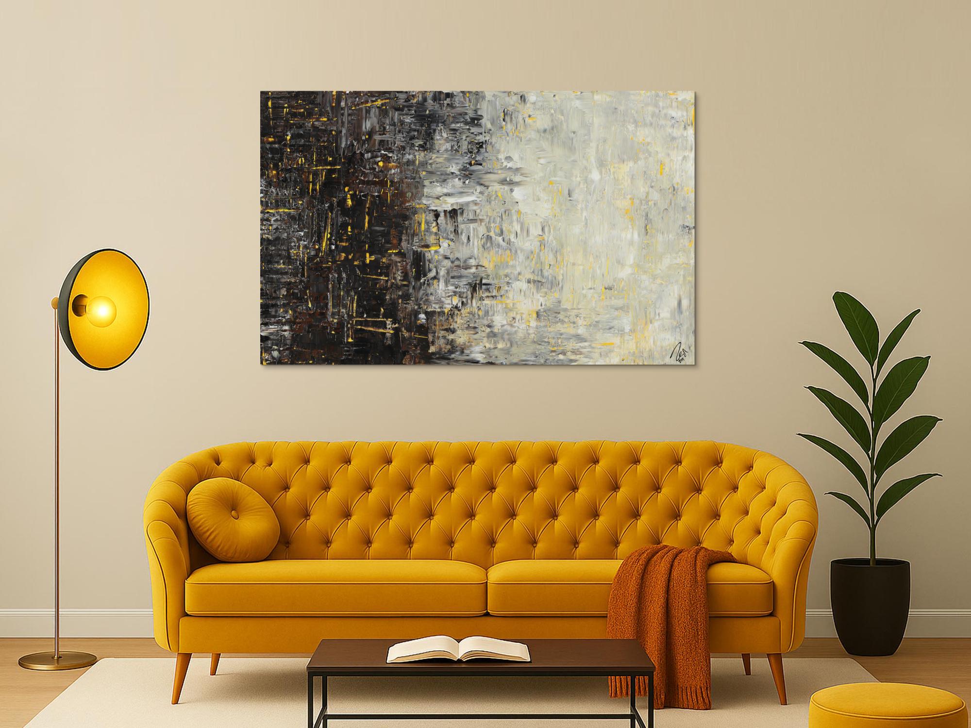 Abstraktes Acrylbild sehr modern zeitgenössisch Modern Art schwarz braun beige weiß gelb