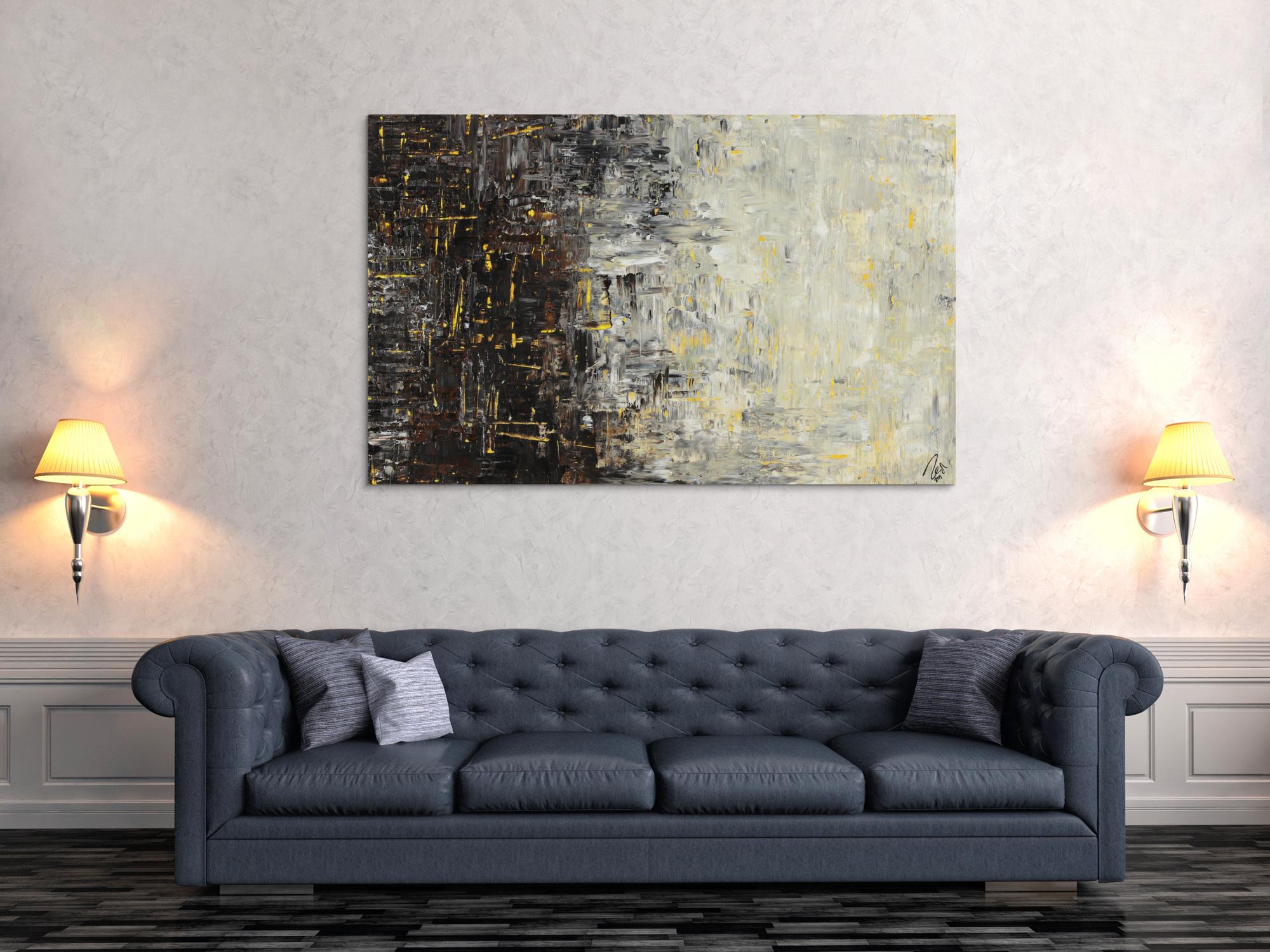 Abstraktes Acrylbild sehr modern zeitgenössisch Modern Art schwarz braun beige weiß gelb