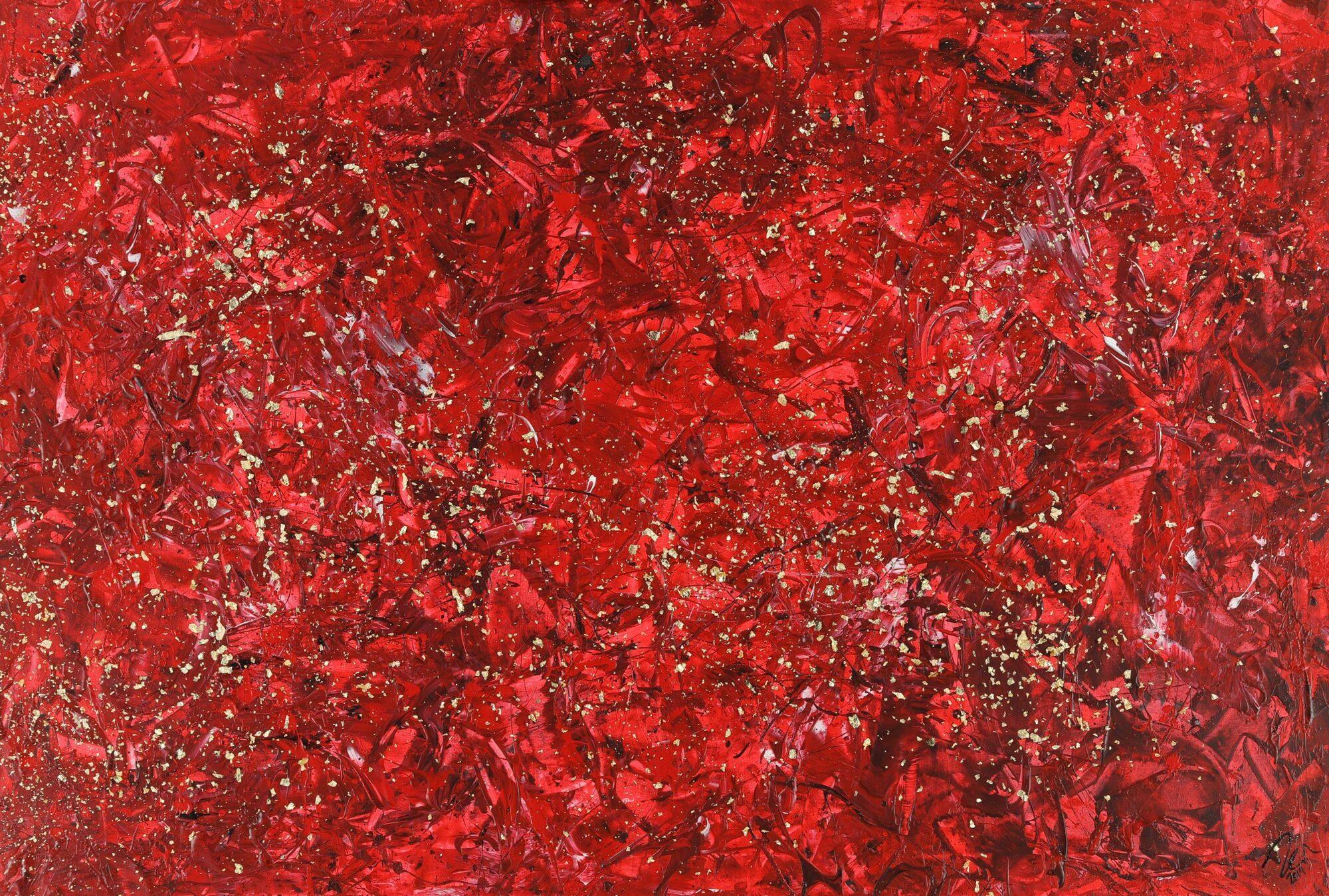 Abstraktes Acrylbild rot gold Modern Art zeigenössisch handgemalt auf Leinwand groß