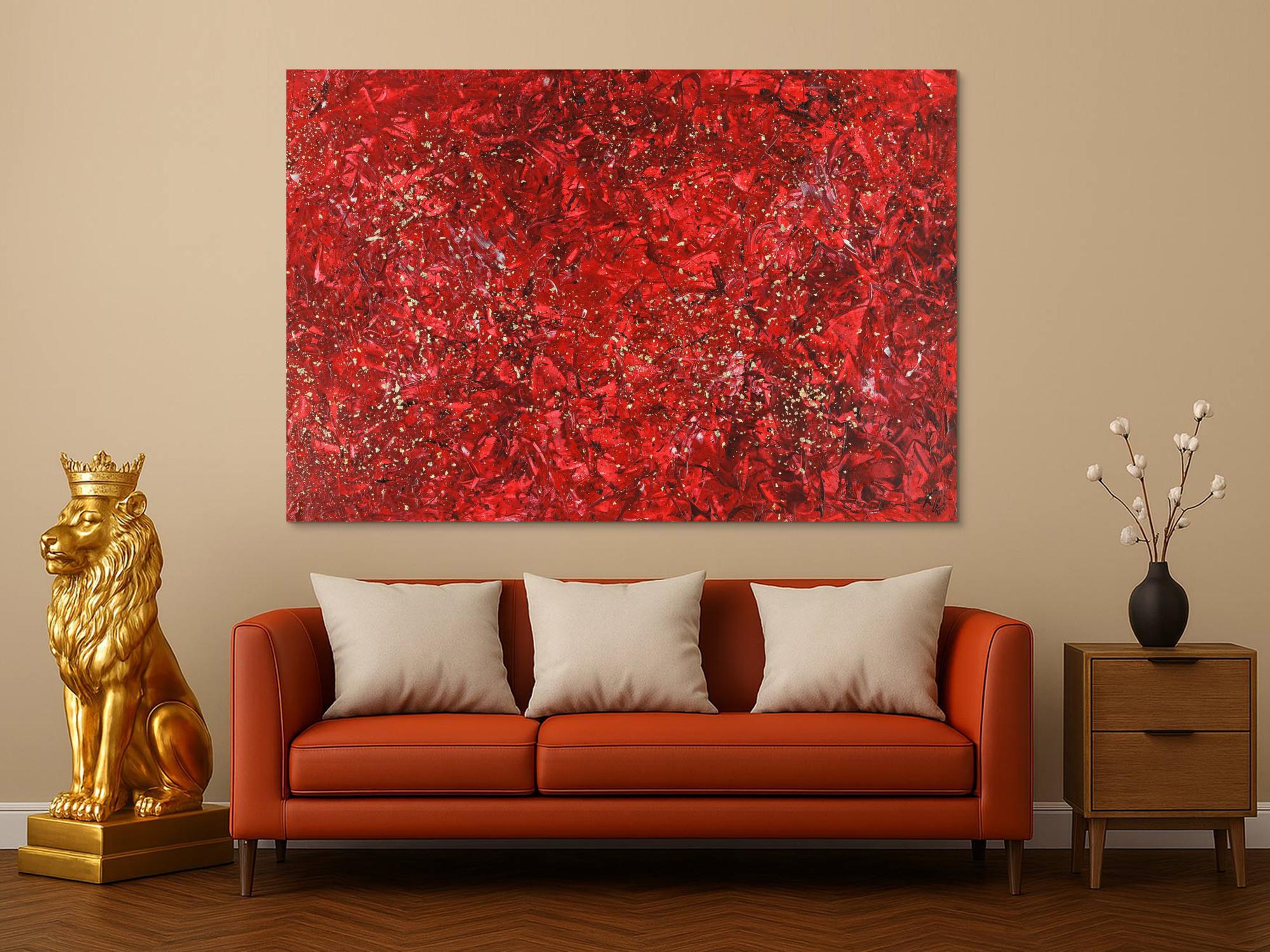 Abstraktes Acrylbild rot gold Modern Art zeigenössisch handgemalt auf Leinwand groß