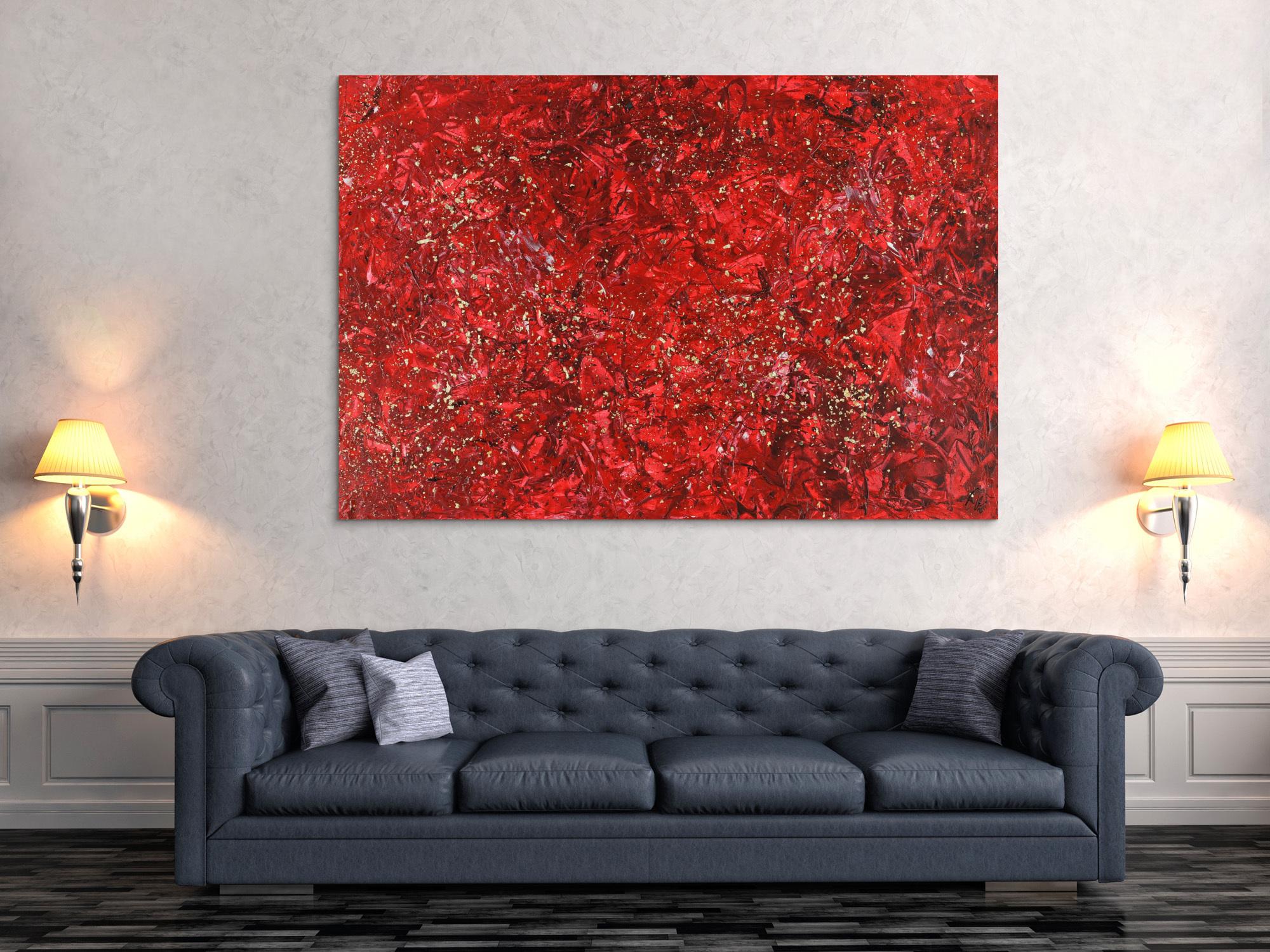 Abstraktes Acrylbild rot gold Modern Art zeigenössisch handgemalt auf Leinwand groß