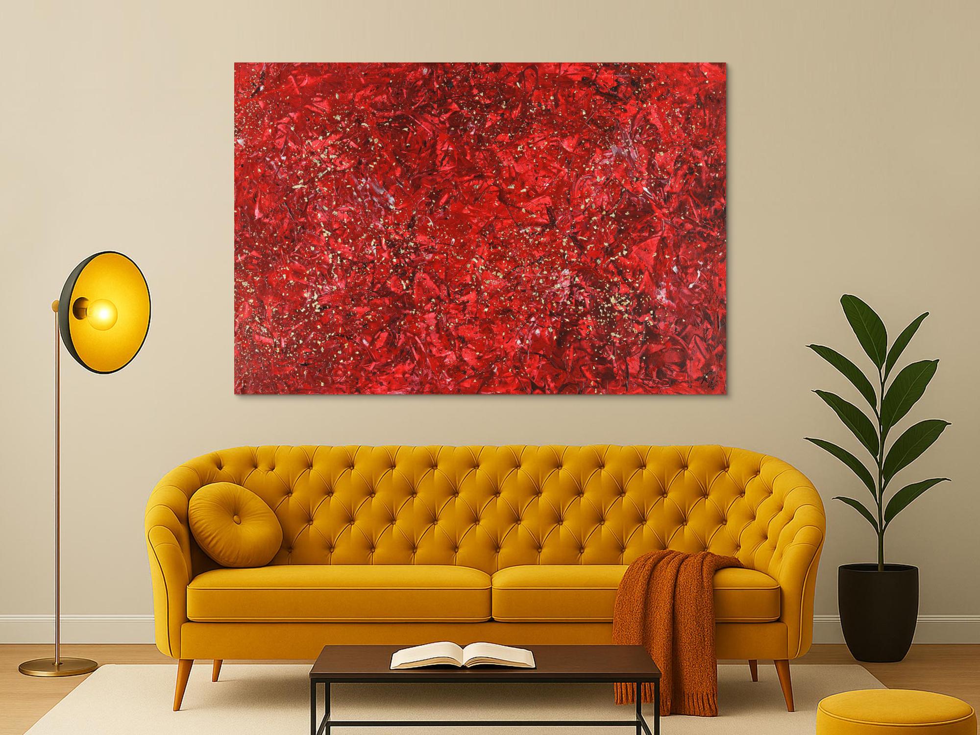 Abstraktes Acrylbild rot gold Modern Art zeigenössisch handgemalt auf Leinwand groß