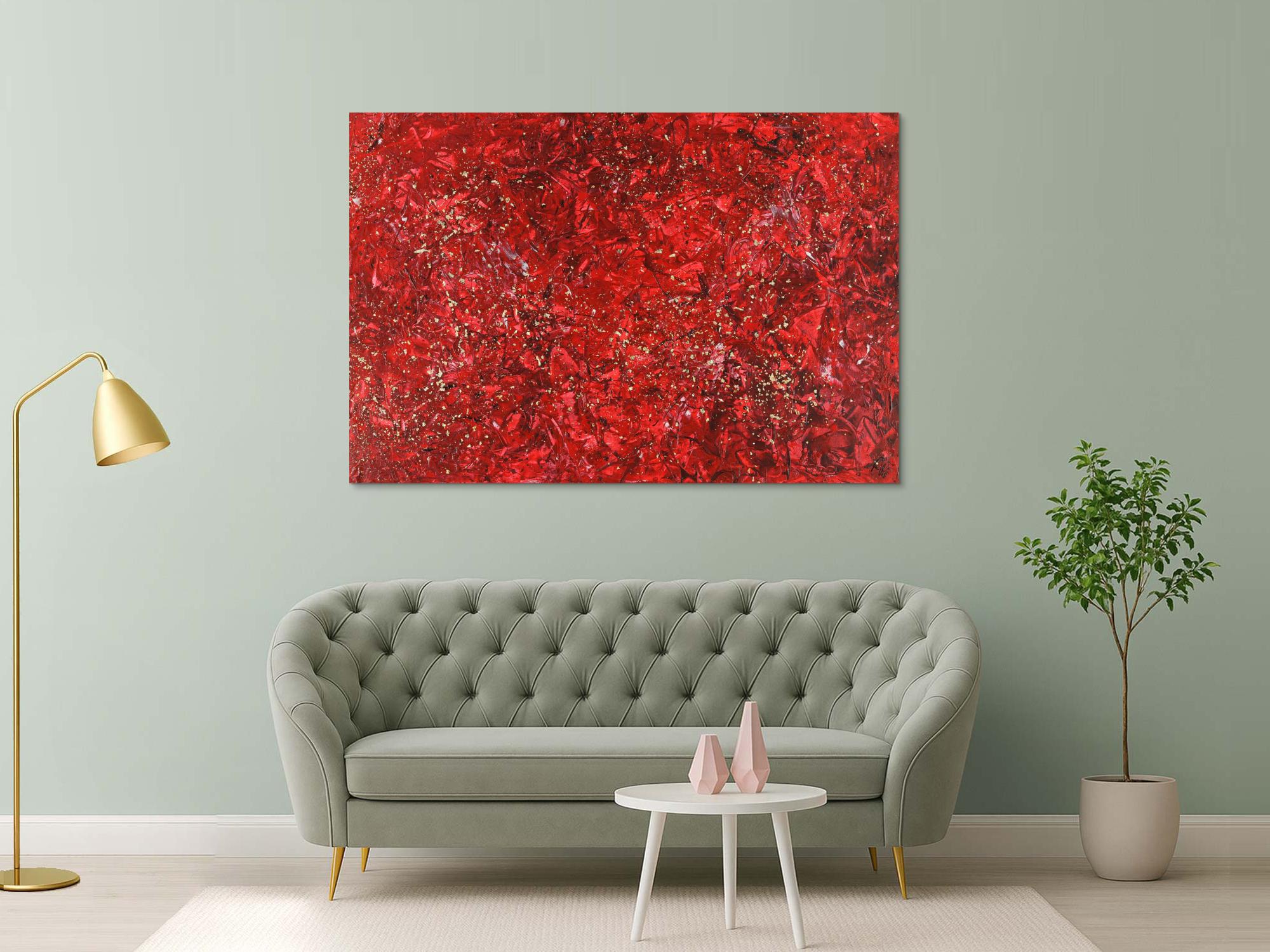 Abstraktes Acrylbild rot gold Modern Art zeigenössisch handgemalt auf Leinwand groß