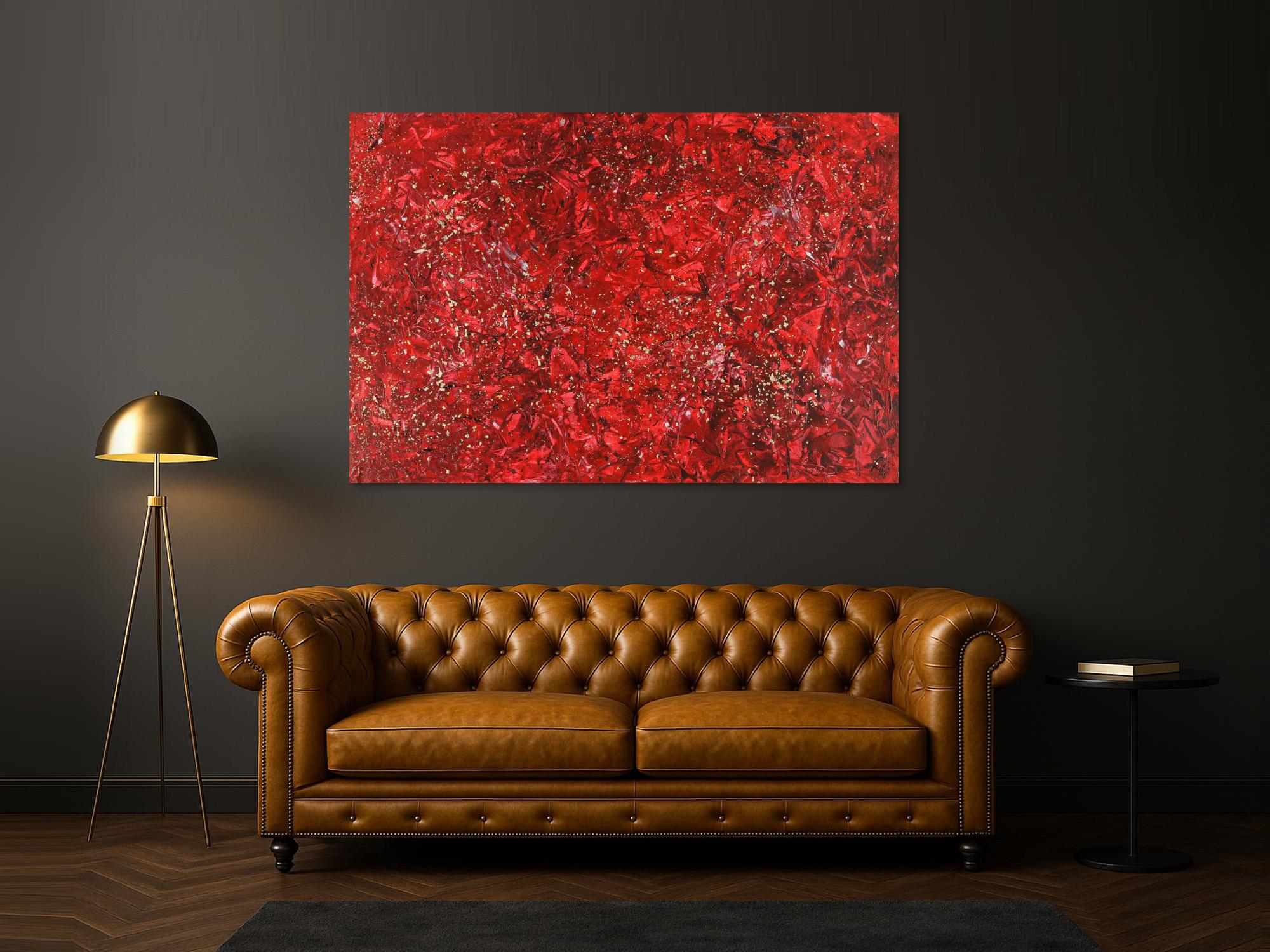 Abstraktes Acrylbild rot gold Modern Art zeigenössisch handgemalt auf Leinwand groß