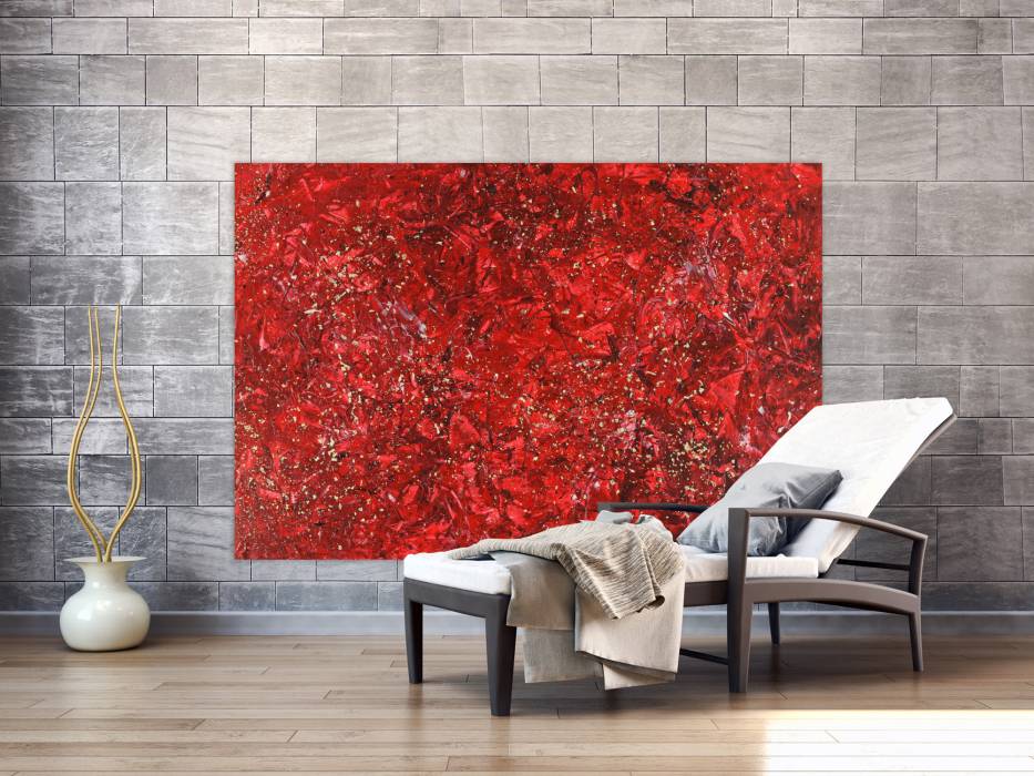 Hochwertige Kunst auf Leinwand Abstraktes Acrylbild rot gold Modern Art