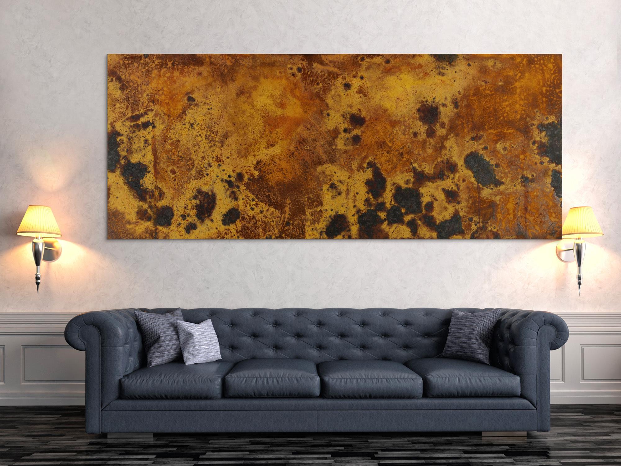 Abstrakte Bild aus echtem Rost auf Leinwand handgemalt zeitgenösssich panorama XXL