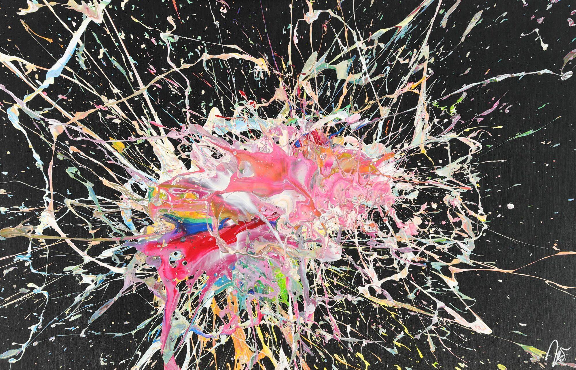 Abstraktes Acrylbild Action Painting auf Leinwand sehr bunt modern Art zeigenössisch handgemalt 