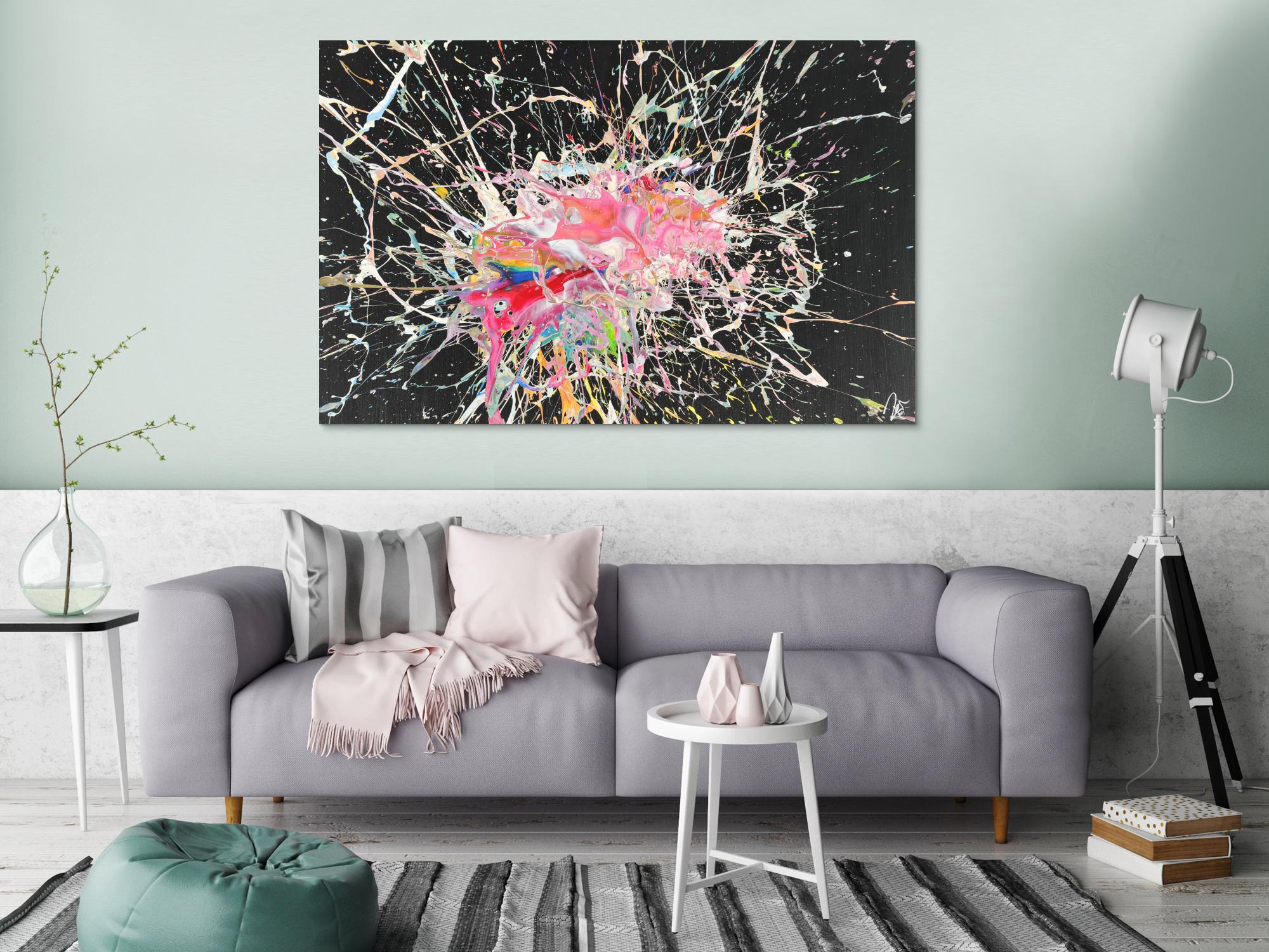 Abstraktes Acrylbild Action Painting auf Leinwand sehr bunt modern Art zeigenössisch handgemalt 