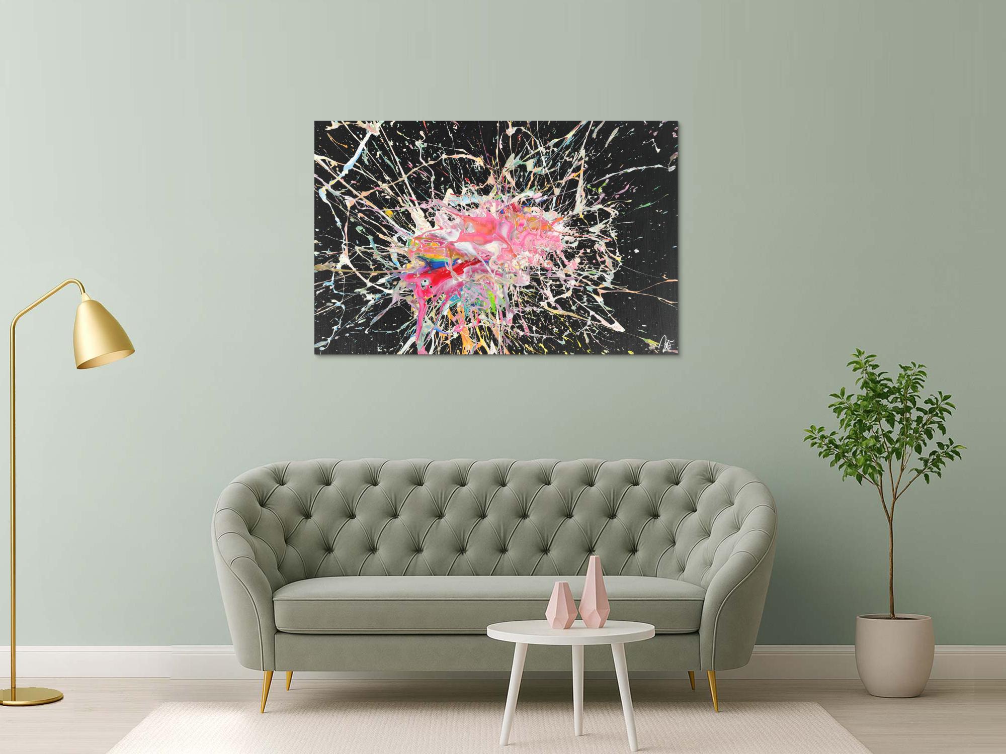 Abstraktes Acrylbild Action Painting auf Leinwand sehr bunt modern Art zeigenössisch handgemalt 