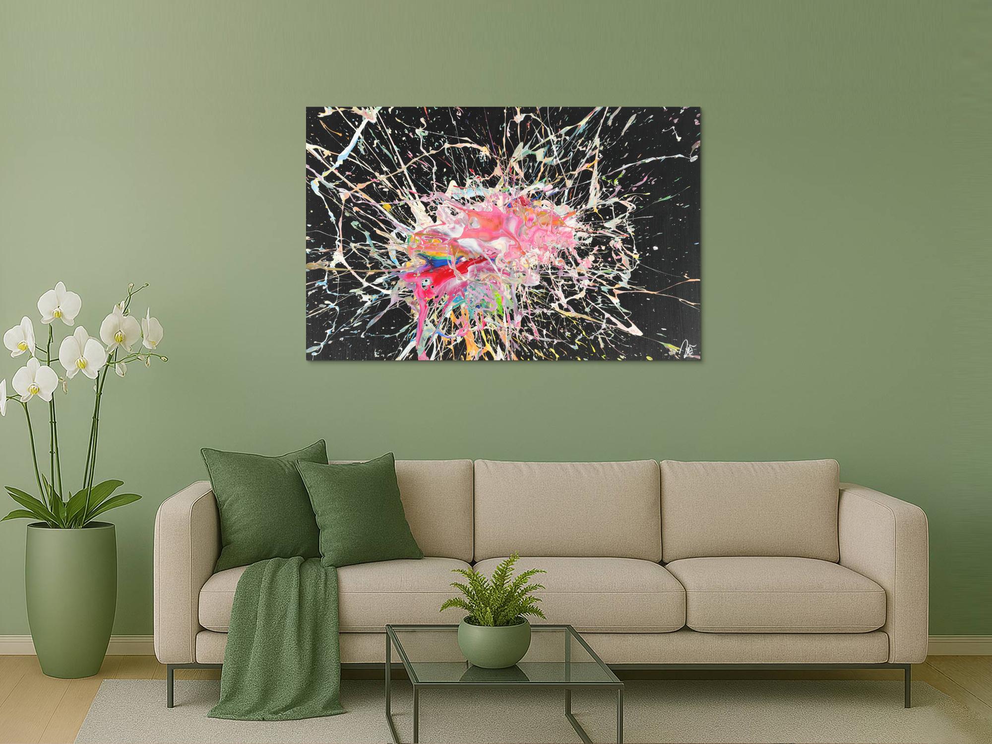 Abstraktes Acrylbild Action Painting auf Leinwand sehr bunt modern Art zeigenössisch handgemalt 