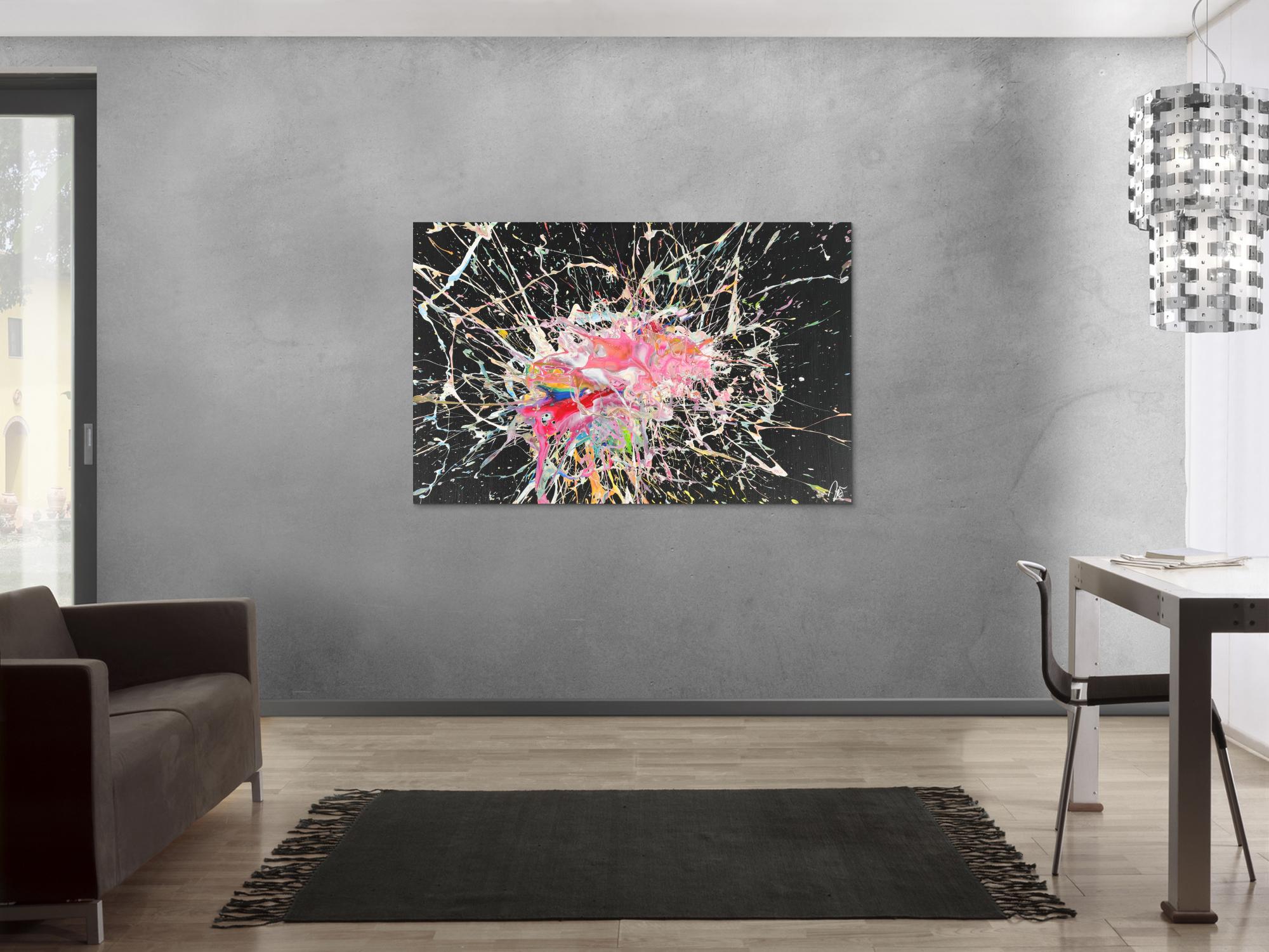 Abstraktes Acrylbild Action Painting auf Leinwand sehr bunt modern Art zeigenössisch handgemalt 