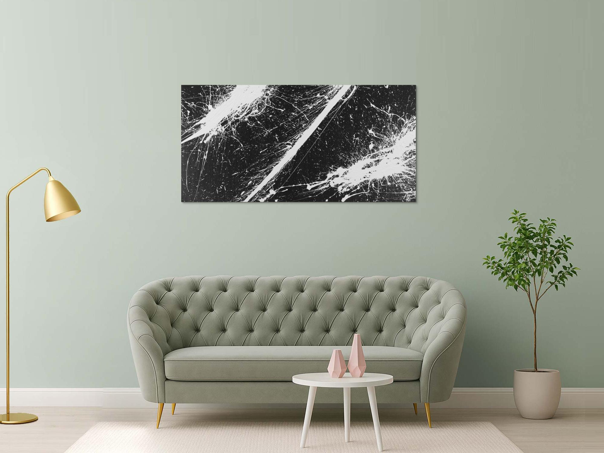 Abstraktes Acrylbild schwarz weiß Action Paintng Modern Art auf Leinwand handgemalt