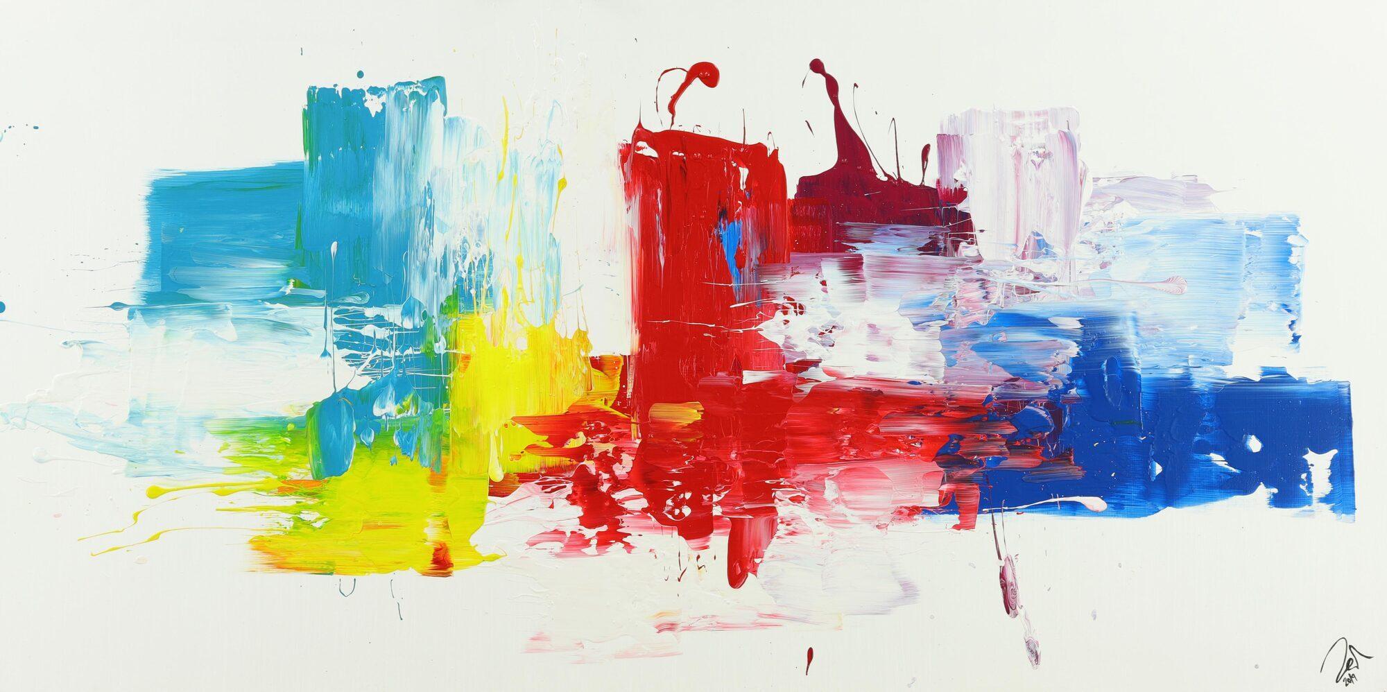 Abstraktes Acrylbild bunte Farben auf weißem Hintergrund Spachteltechnik handgemalt auf Leinwand
