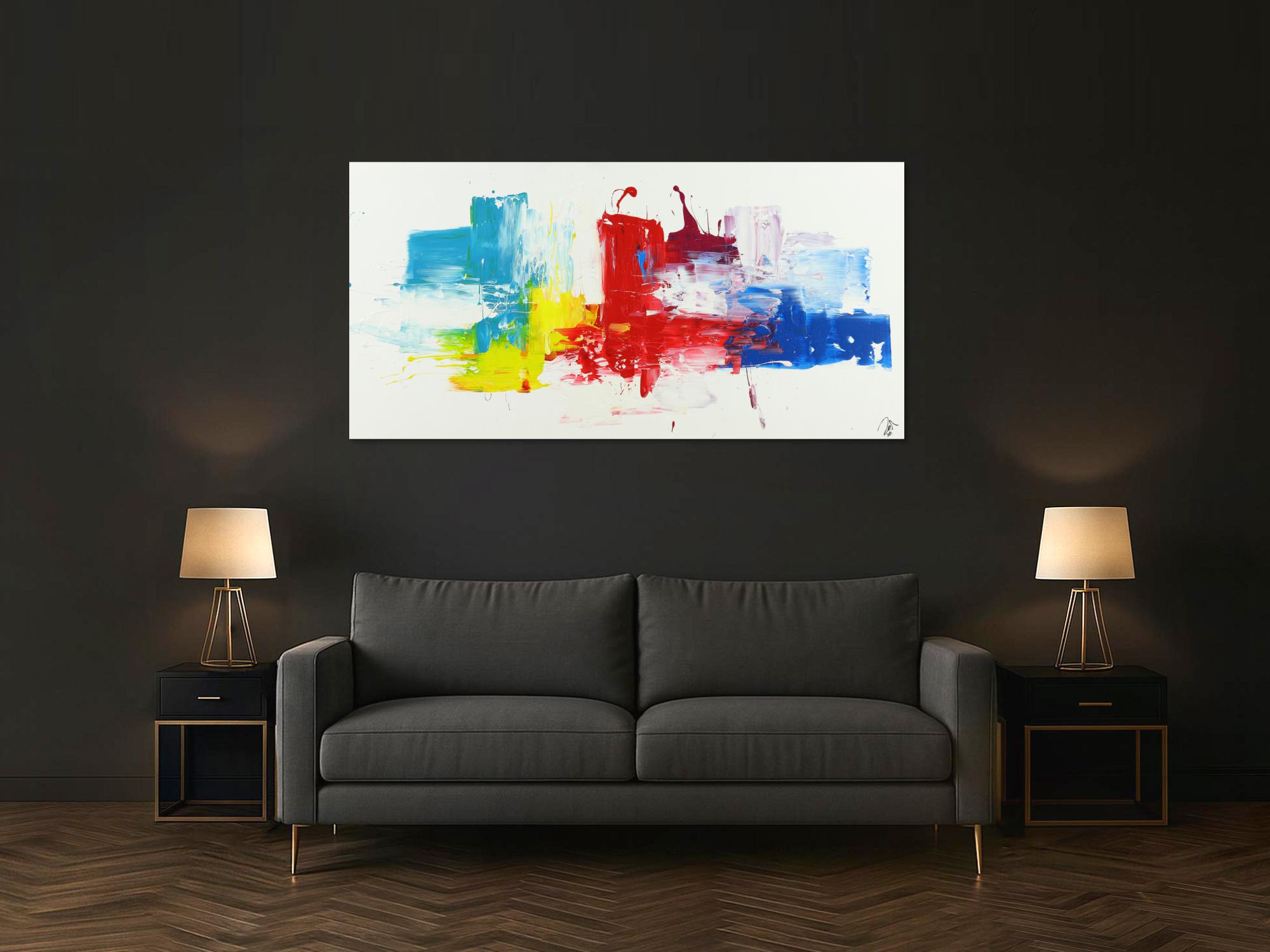 Abstraktes Acrylbild bunte Farben auf weißem Hintergrund Spachteltechnik handgemalt auf Leinwand