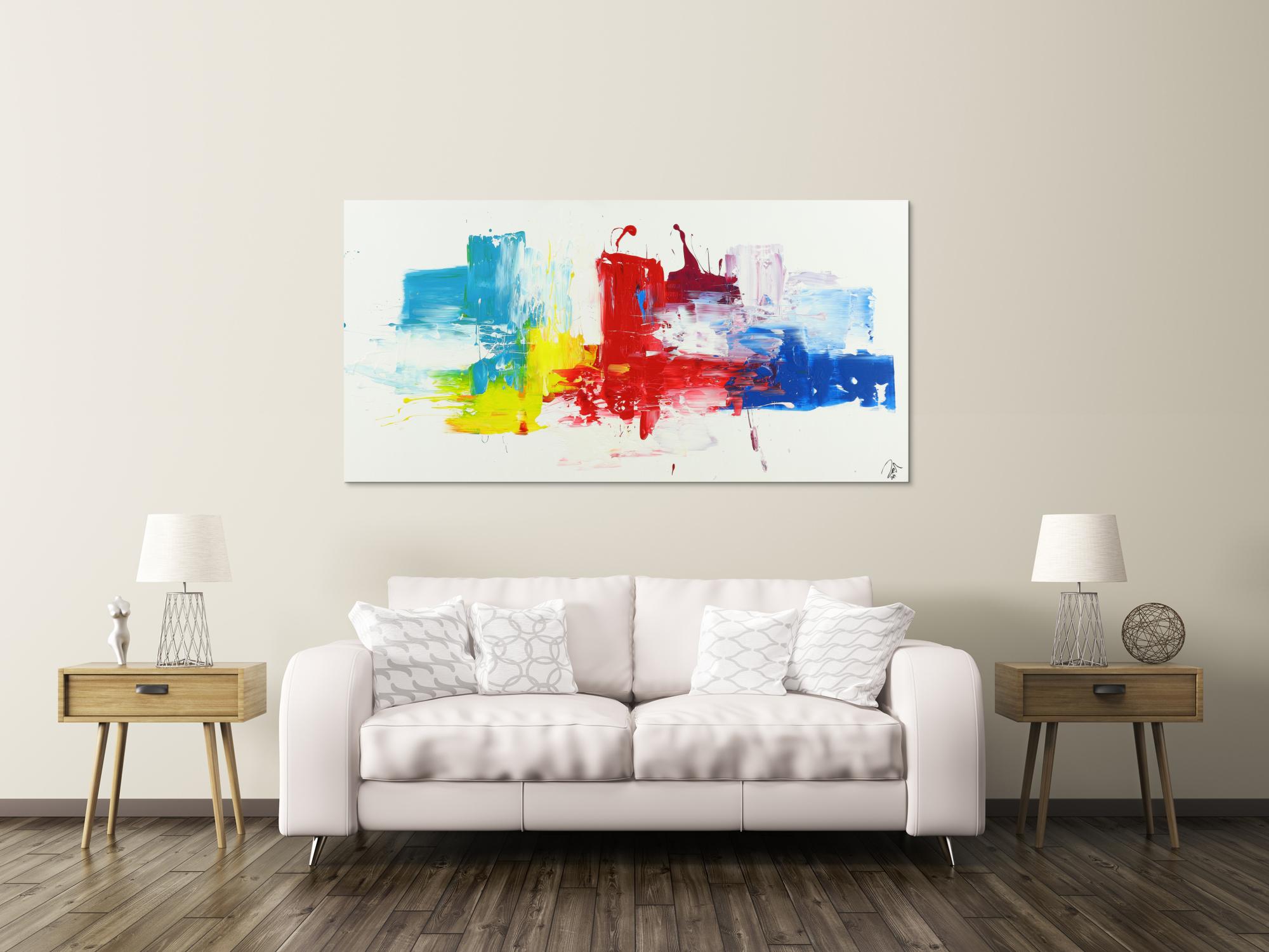 Abstraktes Acrylbild bunte Farben auf weißem Hintergrund Spachteltechnik handgemalt auf Leinwand
